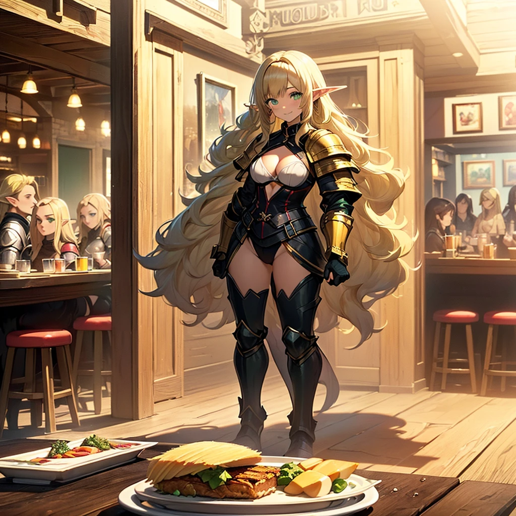 (((masterpiece))), (((best quality))), (((high definition))), 4 girls, pointy ears, elf girl, (((green eyes))), (((with medium breasts))), long blonde hair,smile,cleavage,caucasian skin, ((((((4 all blonde girls)))))), (((inside a pub))), (((shoulder armor))), sweatdrop,(((plate))),(((bangs))), (((full body)))