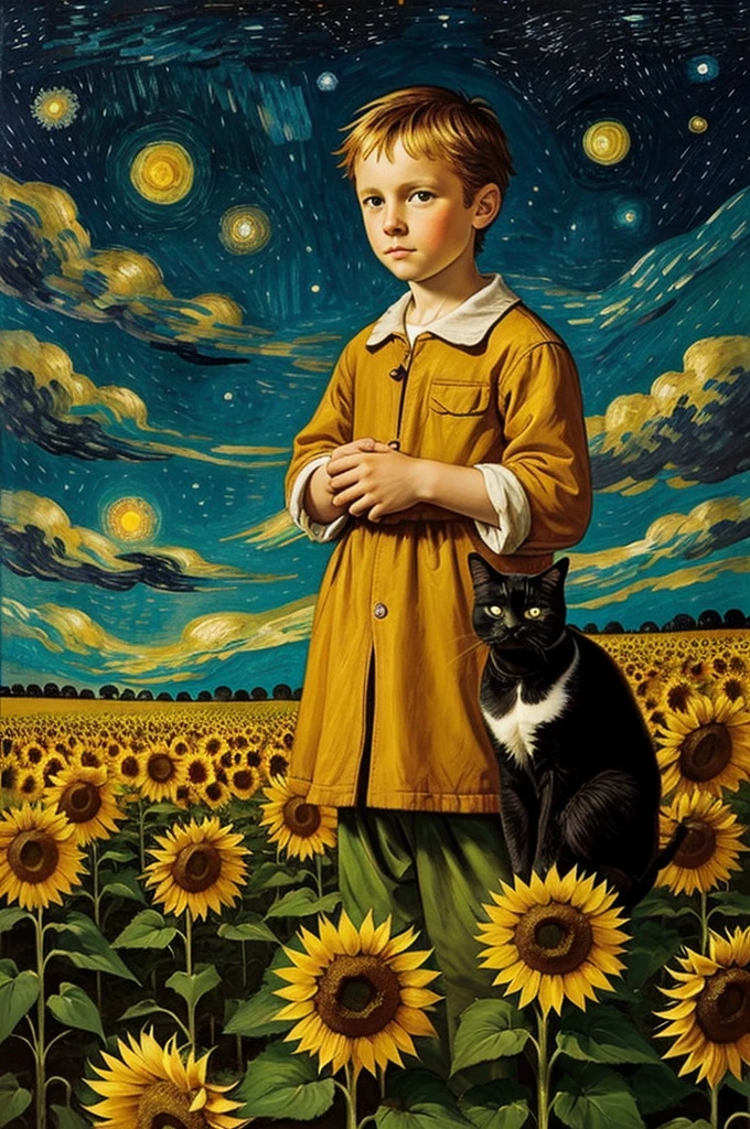 A boy with a cat in a field of sunflowers looking at a sky of stars by Van Gogt.