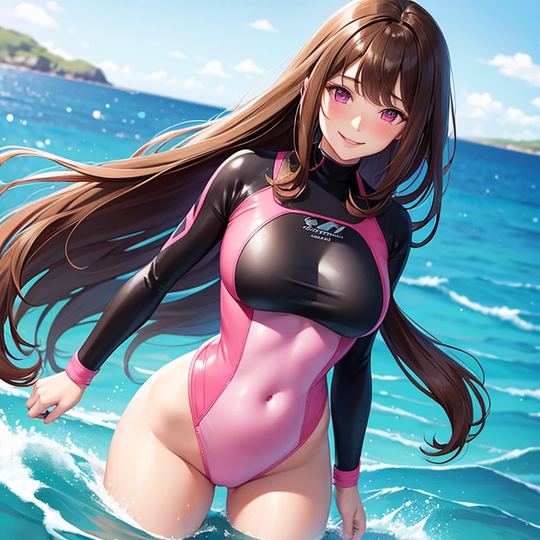 Beautiful woman, long hair, brown hair, pink eyes, smiling, blushing, large breasts, pink and black wetsuit, standing, in the sea