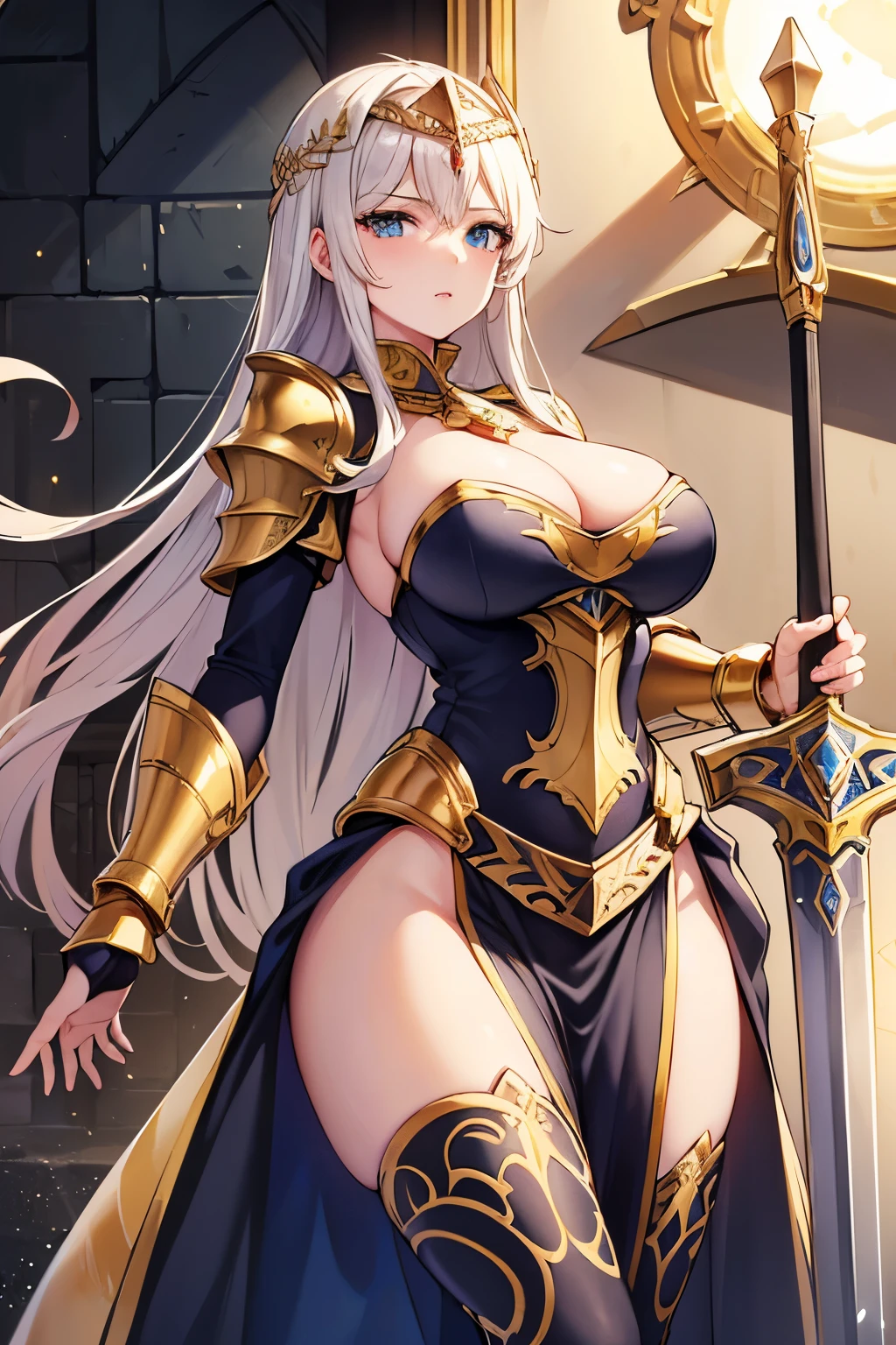 Painting of a woman, wearing (ornent armor), (holding a sword:1.2), (detailed sword:1.2), (skinny golden armor:1.1), (beautiful female knight:1.2), light gold, (gold obsidian armor:1.1), (goddess Athena:1.2), smooth golden armor, (blue eyes:1.1), (gorgeous jewelry:1.2), (lips slightly open), (lips elegant and charming), (blush), contempt, calm and pretty, (rendering reflection texture:1.1), (medieval castle background), (slim body:1.1), (see-trough silk:1.1), masterpiece, best quality, high resolution, 8K, original photo, real picture, digital photography, uhd, anatomically correct, textured skin, ccurate, award winning, (detailed face and eyes:1.2), (perfect anatomy), (round breasts), (bubble butt), (wide hips:1.1), (slim waist:1.1), (thick thighs:1.1), (detailed background), (perfect nails:1.1), (detailed hand and finger:1.2), (medium breasts:1.2), (busty), (deep cleavage:1.2).