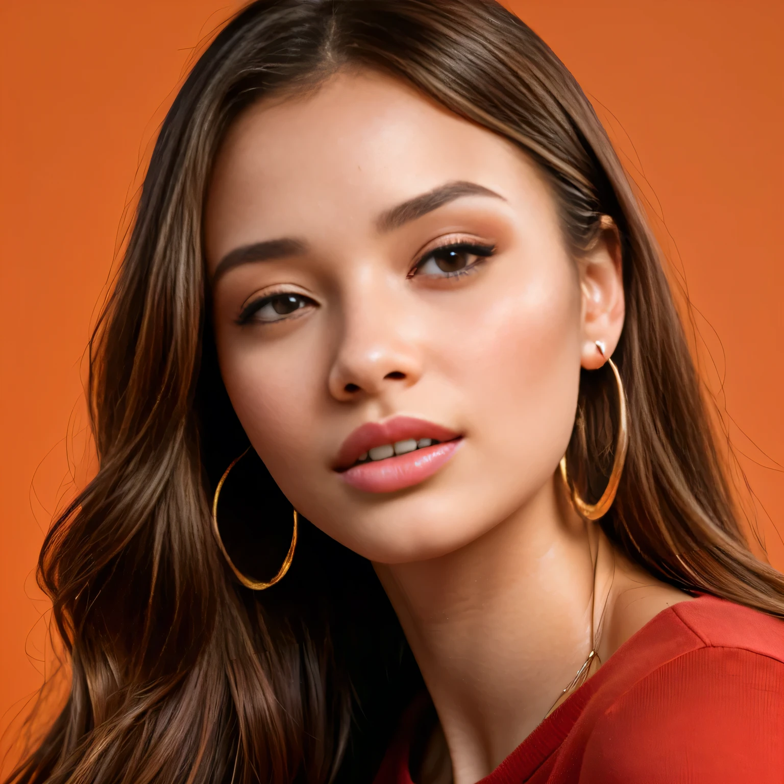 arafed woman with a red shirt and gold hoop earrings, woman's face looking off camera, photo of a beautiful woman, portrait sophie mudd, portrait of a beautiful model, soft portrait shot 8 k, in front of an orange background, portrait shot 8 k, high quality portrait, photoshoot for skincare brand, editorial portrait, tanned beauty portrait