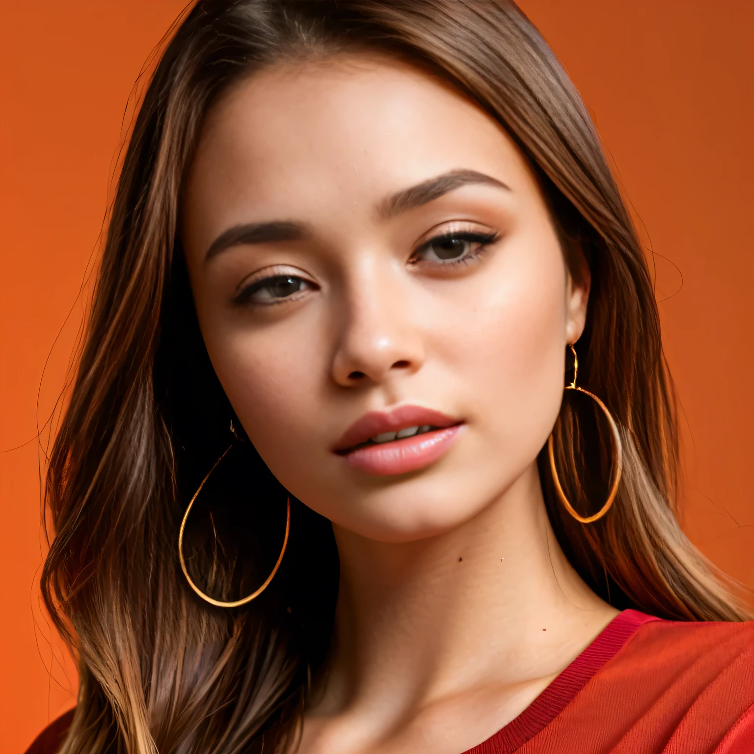 arafed woman with a red shirt and gold hoop earrings, woman's face looking off camera, photo of a beautiful woman, portrait sophie mudd, portrait of a beautiful model, soft portrait shot 8 k, in front of an orange background, portrait shot 8 k, high quality portrait, photoshoot for skincare brand, editorial portrait, tanned beauty portrait
