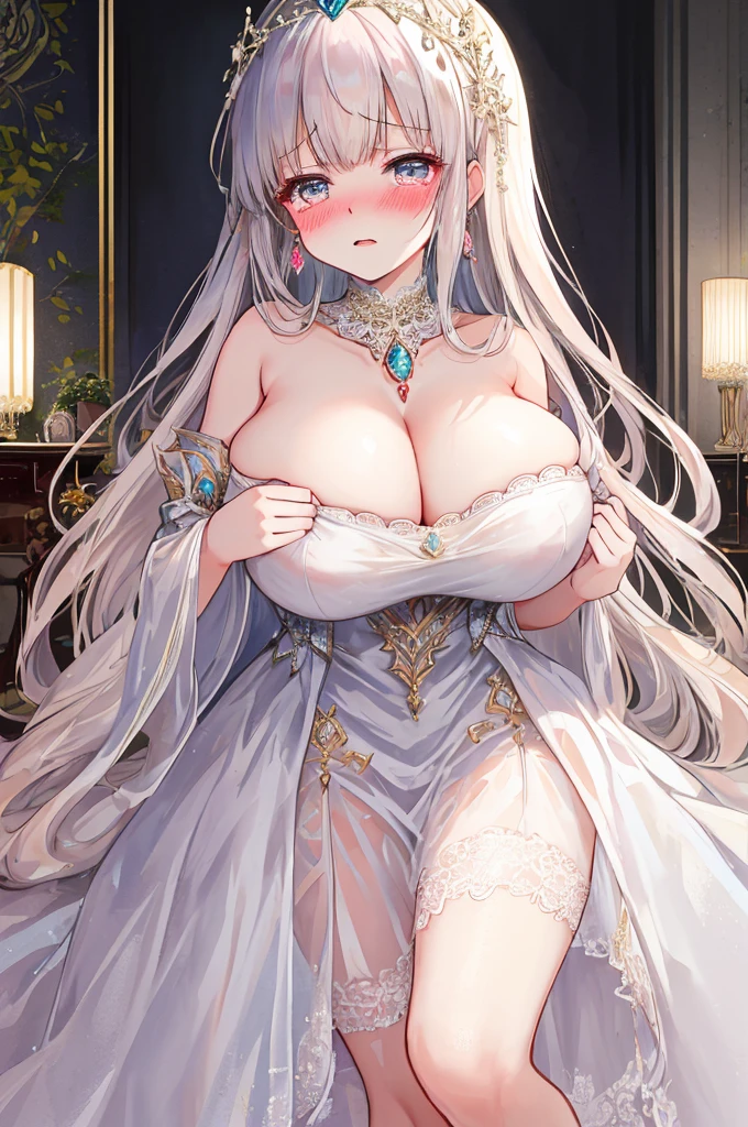(Many big girls equal to two),Gorgeous young princess,Forbidden,clavicle,Prominent and smooth underbreast area,Breath-out,Show the chest,Very transparent,(evening dress),Gemstones,Intricate details,Beautifully,Lace,Charm,Detailed modern living room background,endure,tears(blush),