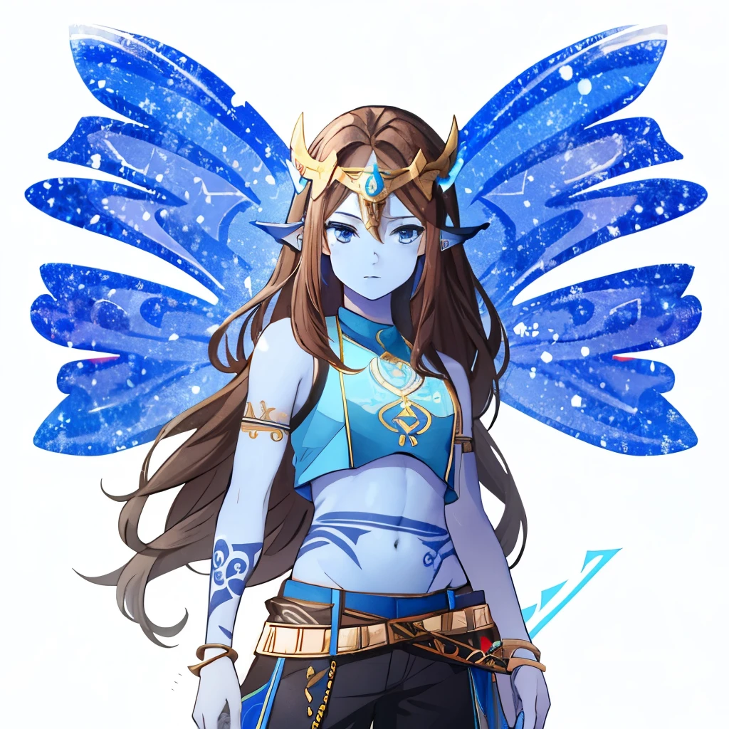 Female, ((BLUE SKIN)), (RUNE TATTOOS), Brown Hair, Blue Wings, Blue Crop Top, Black Pants, Blue Eyes, Ear Fins, Circlet,