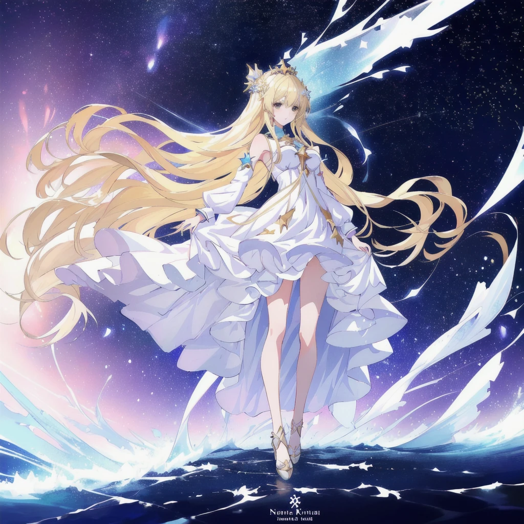 anime woman with long blonde hair and a white dress standing in the middle of a sea of stars, anime splash, anime goddess, visual anime of a cute girl, blonde adult woman with long hair, daytime ethereal anime, greek dress, Marisa Kirisame, official art, star crown