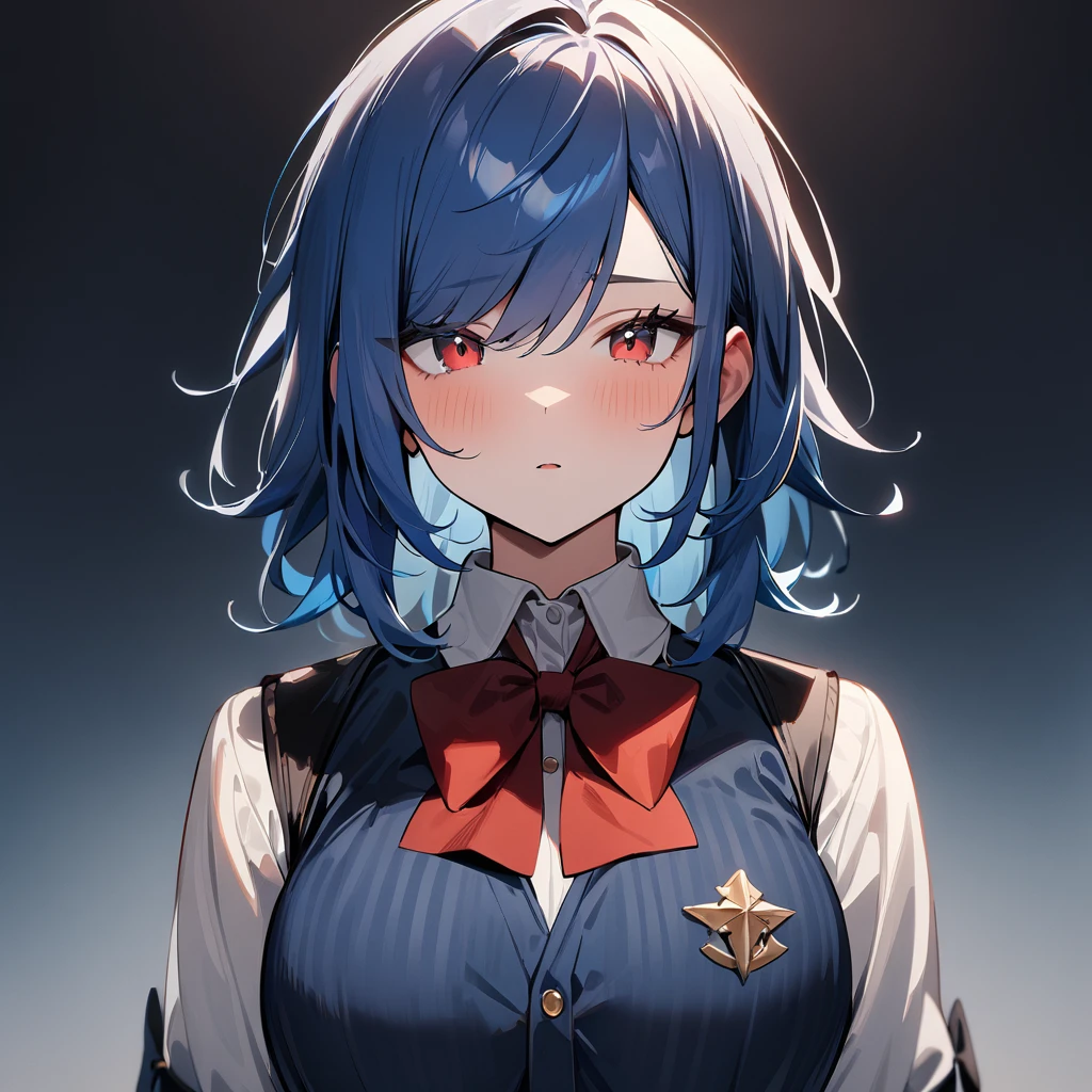 1girl,Solo,Androgynous,Blue hair,Blue and red, swept bangs,straight-on,medium hair,big breast,masterpiece, best quality,very aesthetic,absurdres,(bow)