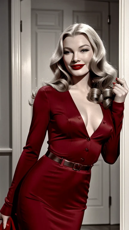 Veronica Lake dressed in sexy clothes with lipstick and smiling