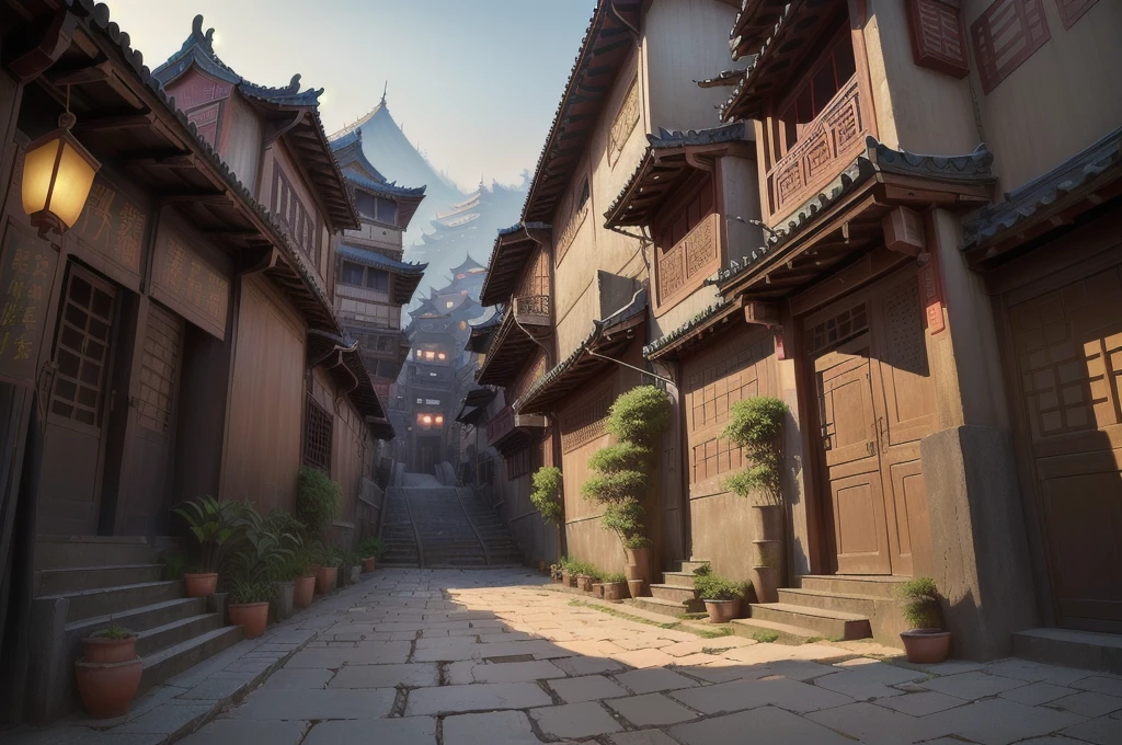 there is a narrow street,There are many buildings and plants, Dream China Town, china village, andreas rocha style, Cyberpunk ancient Chinese castle, Beautiful rendering of the Tang Dynasty, ancient city landscape, The ancient city streets behind her, author:Victor Wang, old asian village, Inspired by Zhang Sengyao, Pan Chengwei on artstation, In an ancient city , ((low angle shot 1.7)) ((Camera lens close to the ground to shoot 1.8))