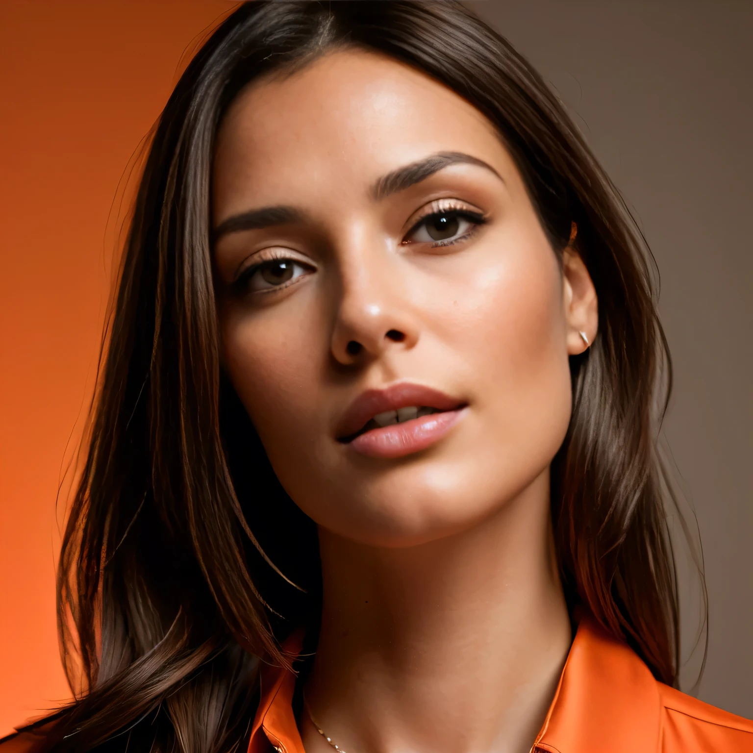 The image shows a beautiful 40-year-old woman with tanned white skin and brown hair, wearing a red blouse, looking at something in the air, woman's face looking off camera, looking to the side off camera, thoughtful and hopeful expression, profile image, in front of an orange background, looking away, a masterpiece of art, with a figure in the background. She is wearing a red blouse.
She is about 40 years old, 165 cm tall and weighs 56 kg. Woman with tanned white skin and dark brown hair. Slim body, thin waist. Highly realistic skin, very elaborate and perfect face. She has a perfect mouth, a perfect face. Slim body, thin waist. Highly realistic, hyperrealism, highly worked skin, perfect face. Sharp photo, high resolution, high quality, masterpiece, 16K photo, high contrast, ((Masterpiece, best quality)), full body view, detailed skin, highly detailed, cinematic lighting, ultra realistic, dark brown hair, medium hair, portrait, full body view, contrast, close-up, cinematic light, ultra high resolution, RAW.
Highly realistic, hyperrealism, highly crafted skin, sharp photo, high resolution, high quality, masterpiece, 16K photo, high contrast, masterpiece, nude, naked, NSFW.