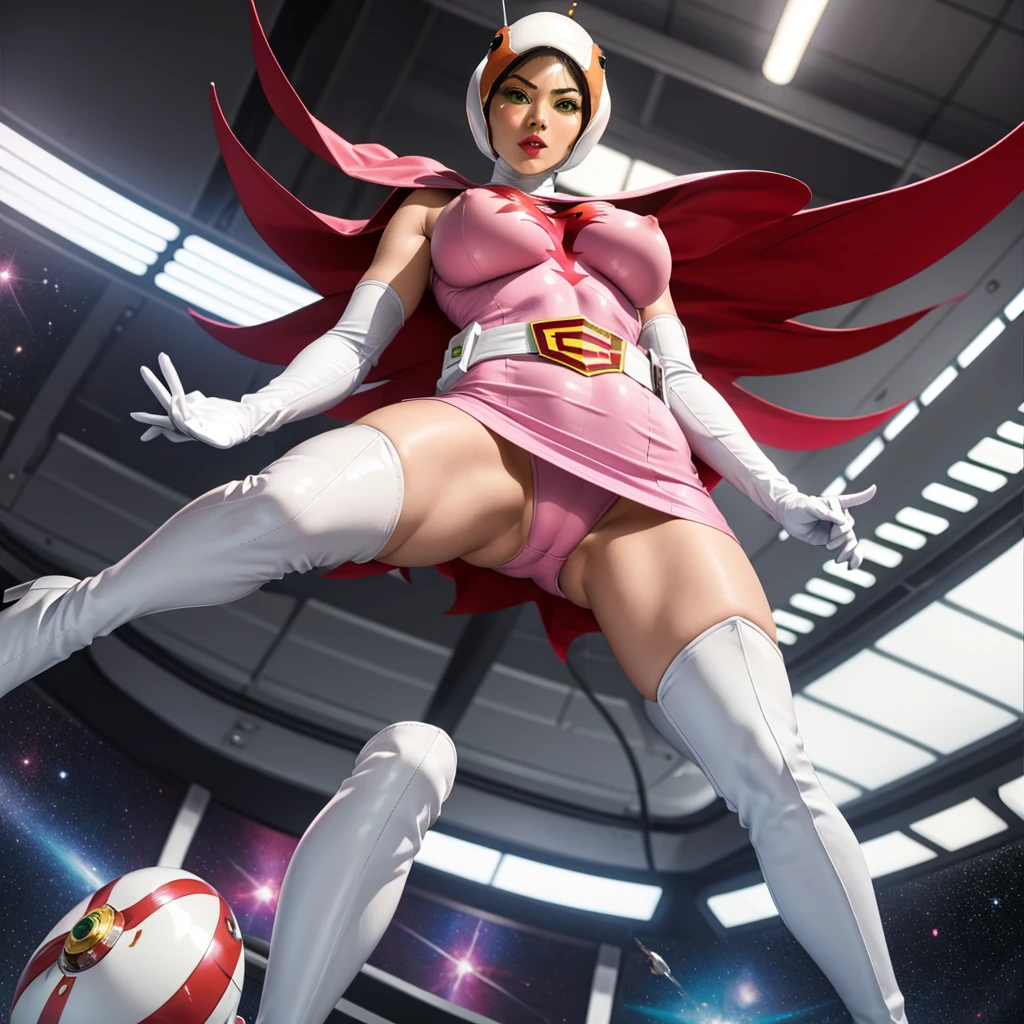 ANI_CLASSIC_jun_gatchaman_ownwaifu,1girl, yo,good anatomy, masterpiece, best quality,realistic, hyperrealistic, 16k hdr, long hair,breasts,green eyes,lips,large breasts,lipstick,makeup,gloves,cape,helmet,belt,elbow gloves,white gloves,mask,ultra miniskirt,leotard,spacesuit,white tight overknee highheels boots,pink dress,superhero,bodysuit,cleavage,erected nipples,(sexy pose,from below:1.2),(spread legs:1.1),cameltoe