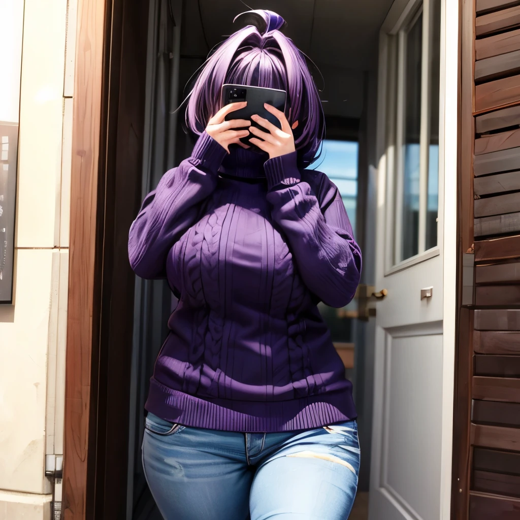 Purple haired girl, hair covers her eyes, purple sweater, dark skin, chubby