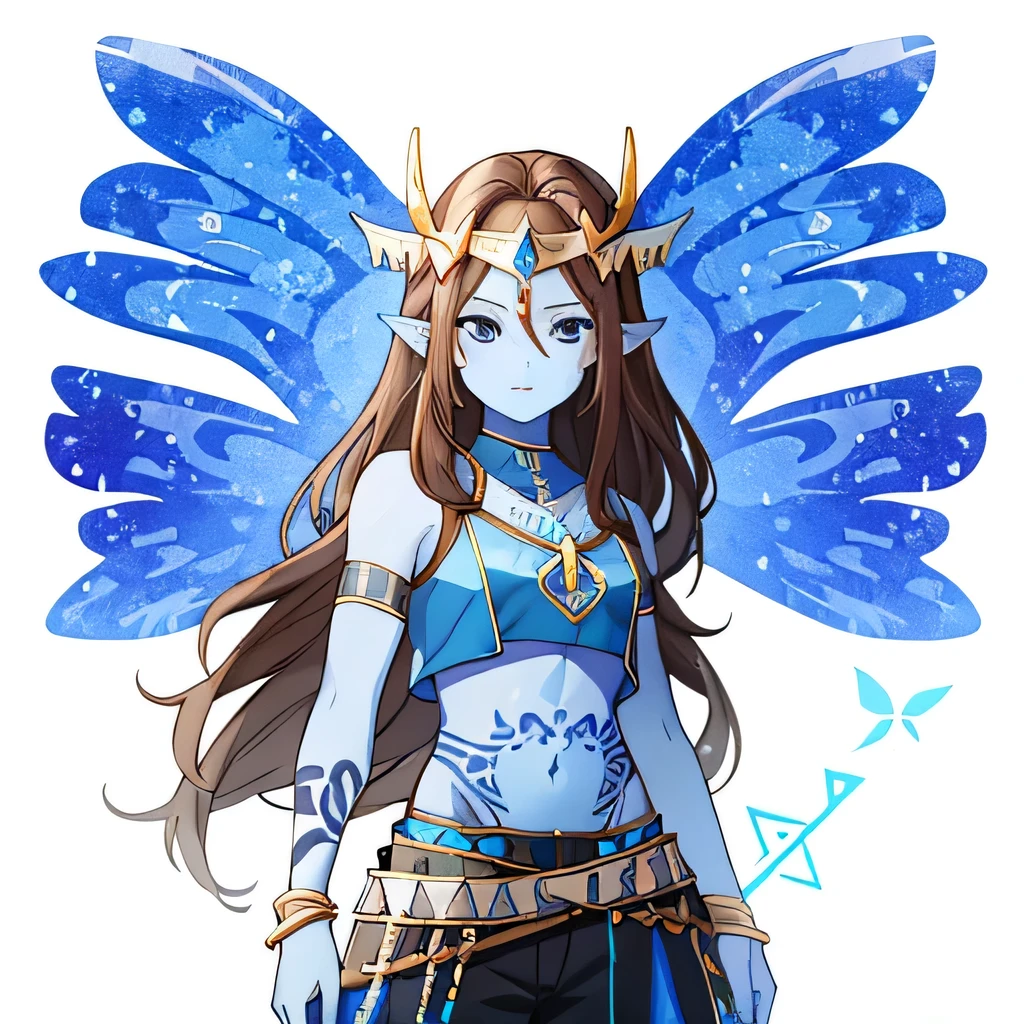 Female, ((BLUE SKIN)), (RUNE TATTOOS), Brown Hair, Blue Wings, Blue Crop Top, Black Pants, Blue Eyes, Ear Fins, Circlet,