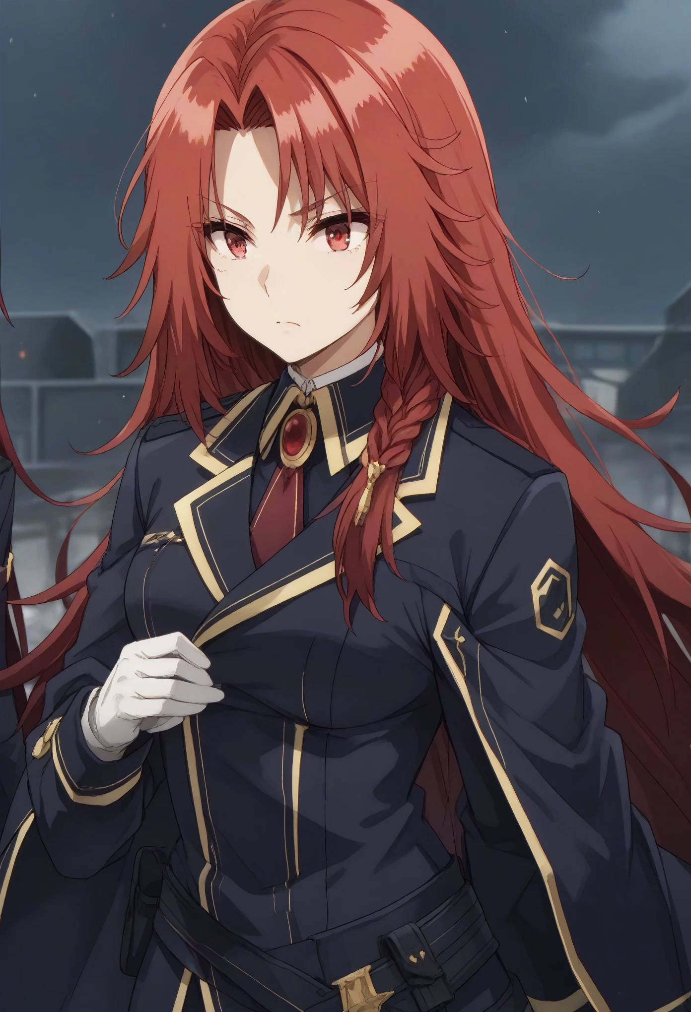 iris midgar, long hair, red eyes, braid, red hair,
skirt, gloves, long sleeves, jacket, necktie, white gloves, uniform, military, military uniform,