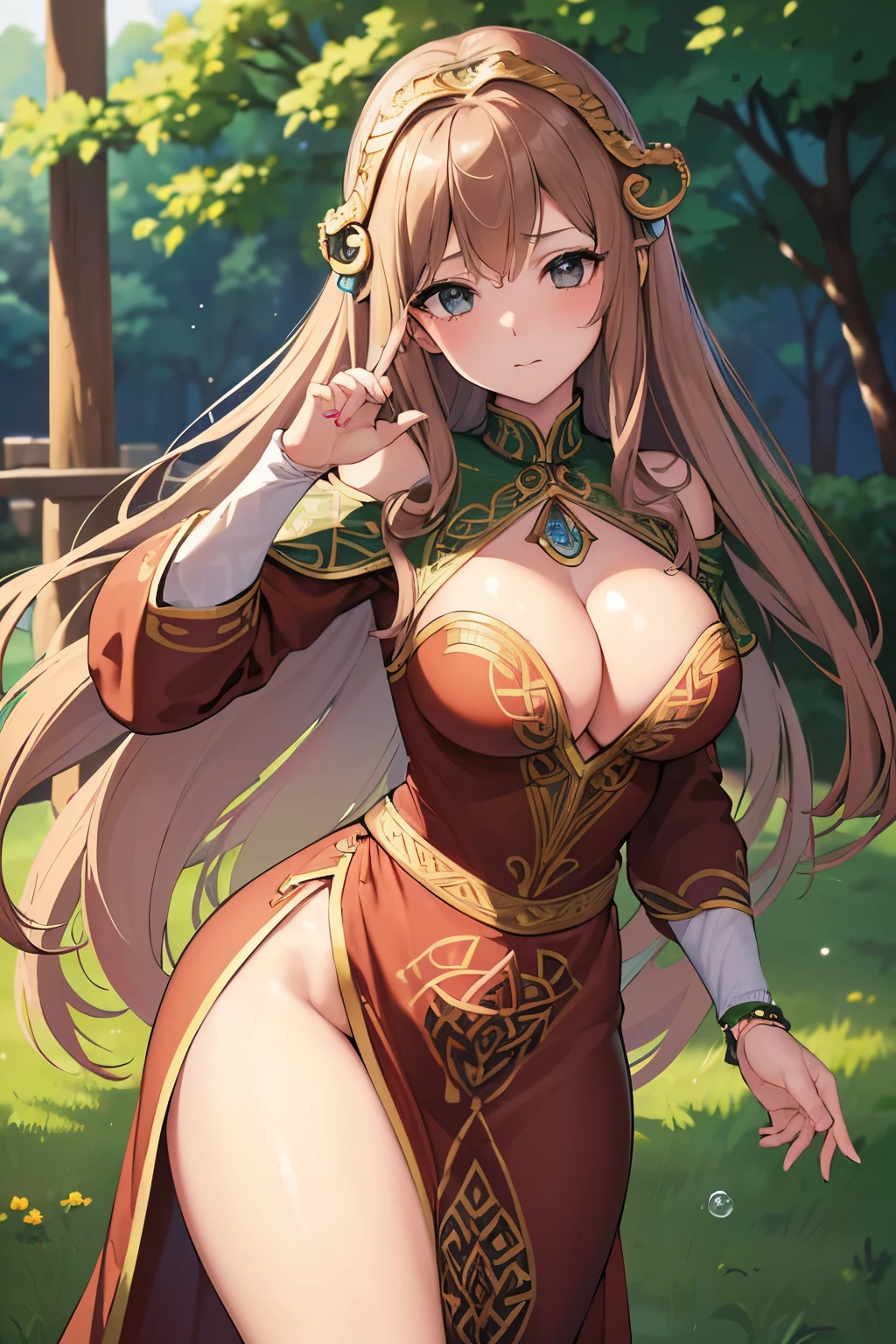 (Best quality), 4K, 8K, highres, (masterpiece), ultra-detailed, woman, (Celtic goddess Epona:1.2), jennao, (chestnut brown hair), (hazel eyes:1.1), (druid gown), (ornate outfit:1.1), standing in a barnyard, motherly, posed gently, looking at viewer, (seductive eyes), drawn in the style of Yoshitaka Amano, HDR, 8k, absurdres, cinestill 800, sharp focus, (detailed face and eyes:1.2), (perfect anatomy), (round breasts), (bubble butt), (wide hips:1.1), (slim waist:1.1), (thick thighs:1.1), (detailed background), (perfect nails:1.1), (detailed hand and finger:1.2), (medium breasts:1.2), (busty), (deep cleavage:1.2), (labia outline:1.3), (hard teat:1.3).