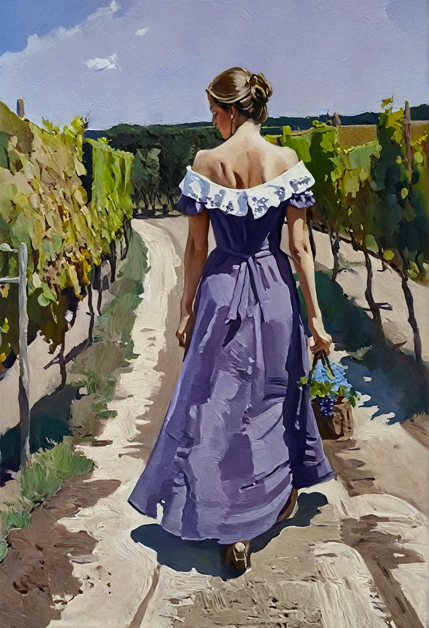 A oil painting, A woman walking in a vinjard, her dress slipped and the are showing