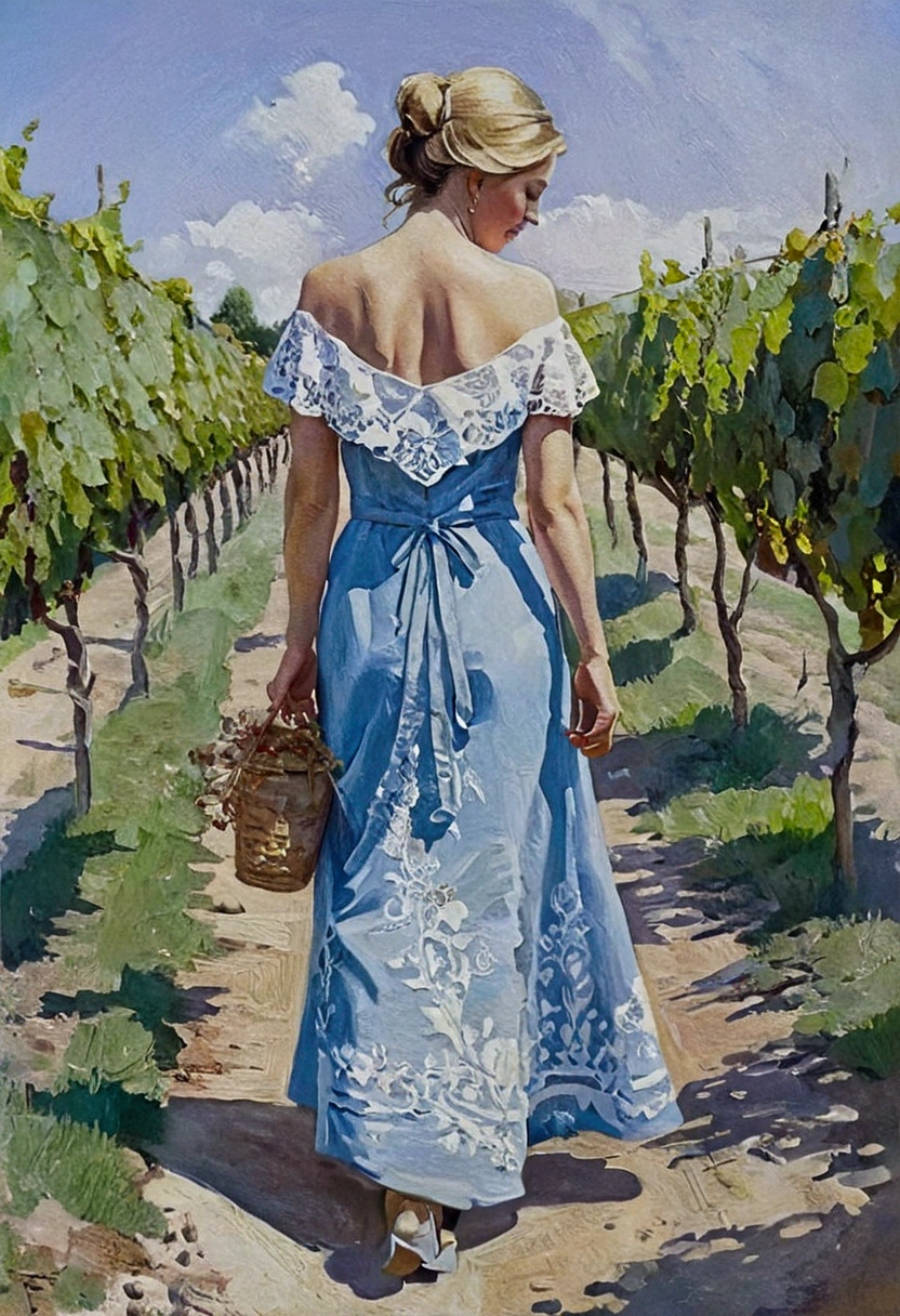 A oil painting, A woman walking in a vinjard, her dress slipped and the  are showing