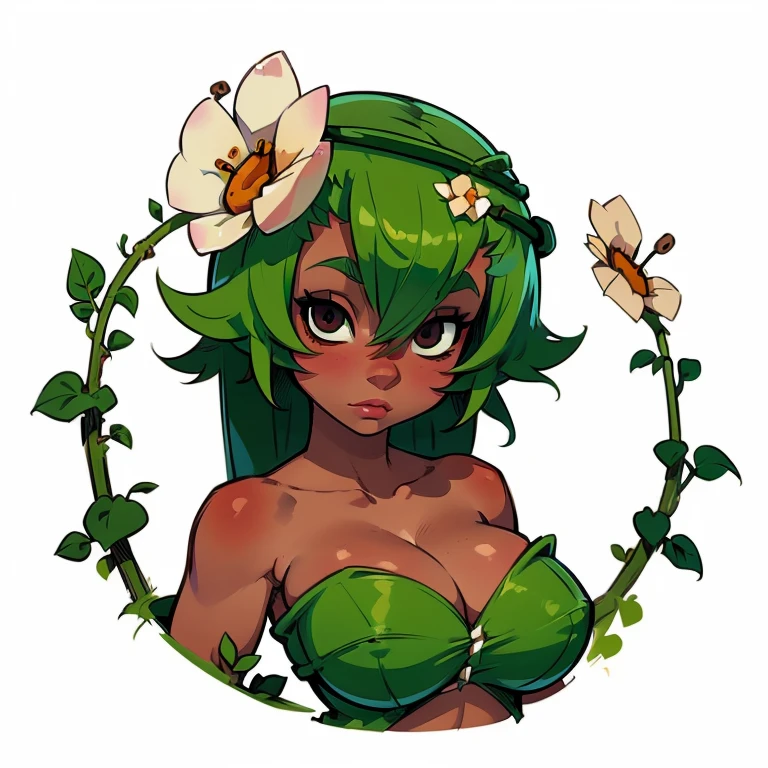 ((1girl, white background, long hair, clean: 1.3, one flower on head)), upper body, anatomically correct, simple background, cleavage, looking at the viewer, amalia from wakfu, dark skin) detailed eyes, perfect eyes, brown eyes, green hair, cleavage, seductive look, looking at viewer