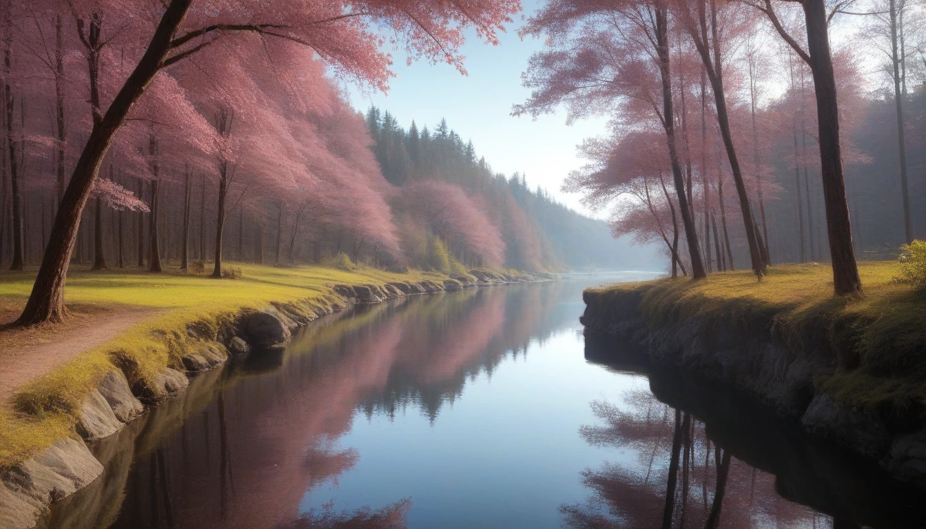 a beautiful cherry blossom forest, pink trees, a serene lake, (best quality,4k,8k,highres,masterpiece:1.2),ultra-detailed,(realistic,photorealistic,photo-realistic:1.37),HDR,UHD,studio lighting,extremely detailed landscape,professional,vivid colors,bokeh,digital painting,concept art,atmospheric lighting,dramatic lighting