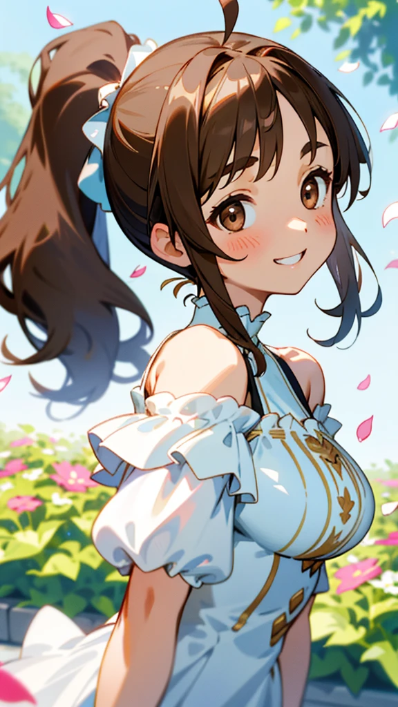 1girl、Big eyes、Dark brown eyes、Light brown hair、Side Ponytail、Big Breasts、Ahoge、Plain white off-the-shoulder dress、Short sleeve、Frills、Upper body close-up、The background is a garden with flower petals falling.、Grin、From the side、Picturesque、Sharp contours