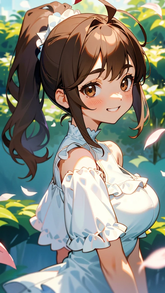 1girl、Big eyes、Dark brown eyes、Light brown hair、Side Ponytail、Big Breasts、Ahoge、Plain white off-the-shoulder dress、Short sleeve、Frills、Upper body close-up、The background is a garden with flower petals falling.、Grin、From the side、Picturesque、Sharp contours