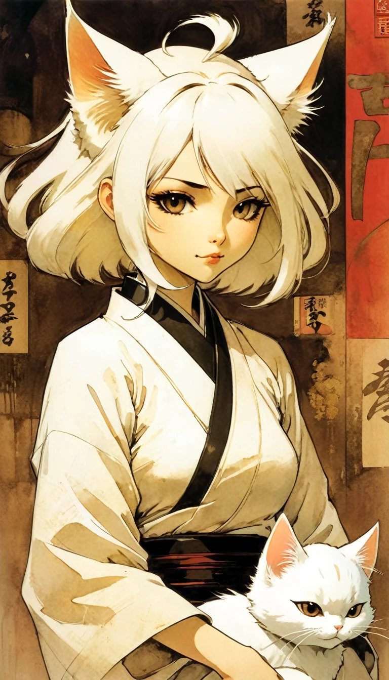 Taisho-era style. Sepia-toned. Japanese anime style. A white cat with a Bunkin Takashimada hairstyle.(art inspired by Bill Sienkiewicz).