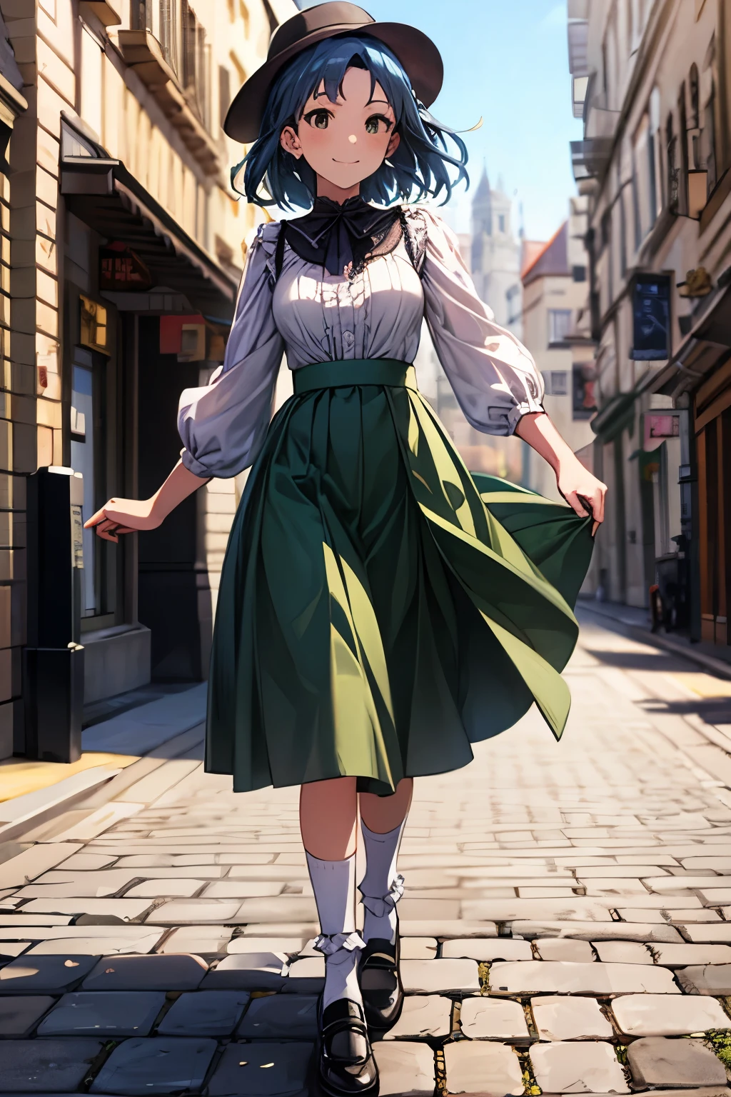 yuriko nanao (million live), 1 girl, Solo, Best Quality, masterpiece, 8K, High resolution, Ultra-detailed, madeon, smile, have fun, wearing boater hat, off white blouse, frilled blouse, green skirt, (long skirt), white socks, frilled socks, black footwear, walking down on the street, European town, stone pavement,