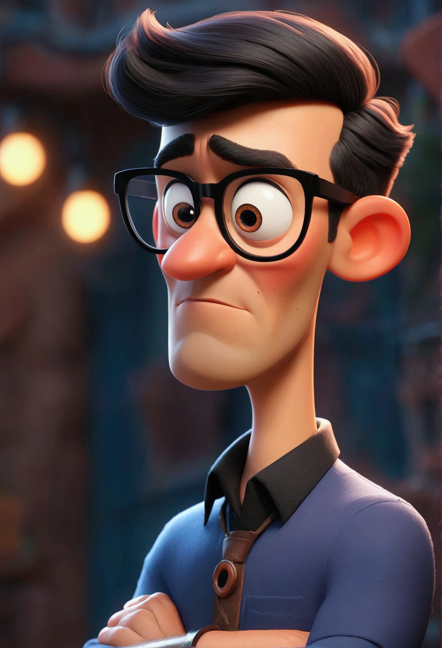 Cartoon character of a man in black glasses and blue shirt, animation character, stylized character, animation style rendering, 3d stylized, Arnold Maya rendering, Stylized 3D rendering, toon render screenshot, 3d character, 3d character, Stylized 3D rendering, 3D character rendering, cartoon character, Personagem de close up, character posing, (Pixar-style) (master part:1.2) (bokeh) (best qualityer) (skin detailed) (detailed texture) (8k) (Argilla) (cinematic lighting) (sharp focus