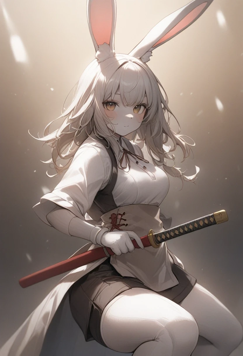 ((Masterpiece)), ((Best Quality)), (Very Detailed), ((Very Detailed)), 4K, (8K), very aesthetic, absurdres highres, 1 girl, (anthropomorphic Rabbit, furry, kemono:1.5), iaidow, weapon, katana, holding sword, ready to draw, sheathed, unsheathing, scabbard,