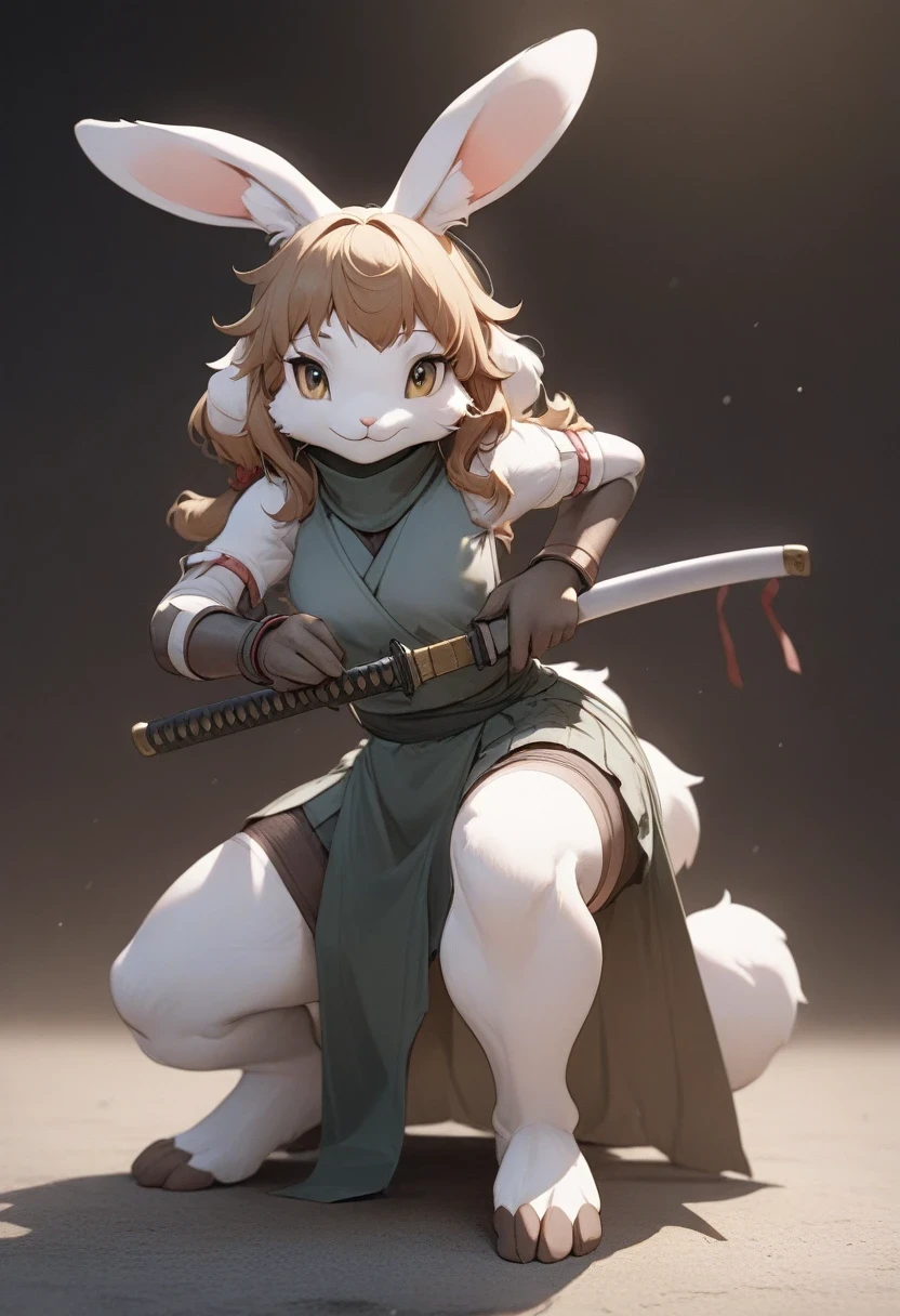 ((Masterpiece)), ((Best Quality)), (Very Detailed), ((Very Detailed)), 4K, (8K), very aesthetic, absurdres highres, 1 girl, (anthropomorphic Rabbit, furry, kemono:1.5), iaidow, weapon, katana, holding sword, ready to draw, sheathed, unsheathing, scabbard,