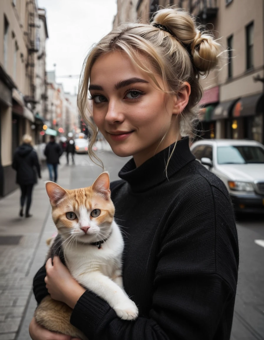 an eye contact of a blonde with a bun and dark theme , in the city playing with a cute and sweet cat