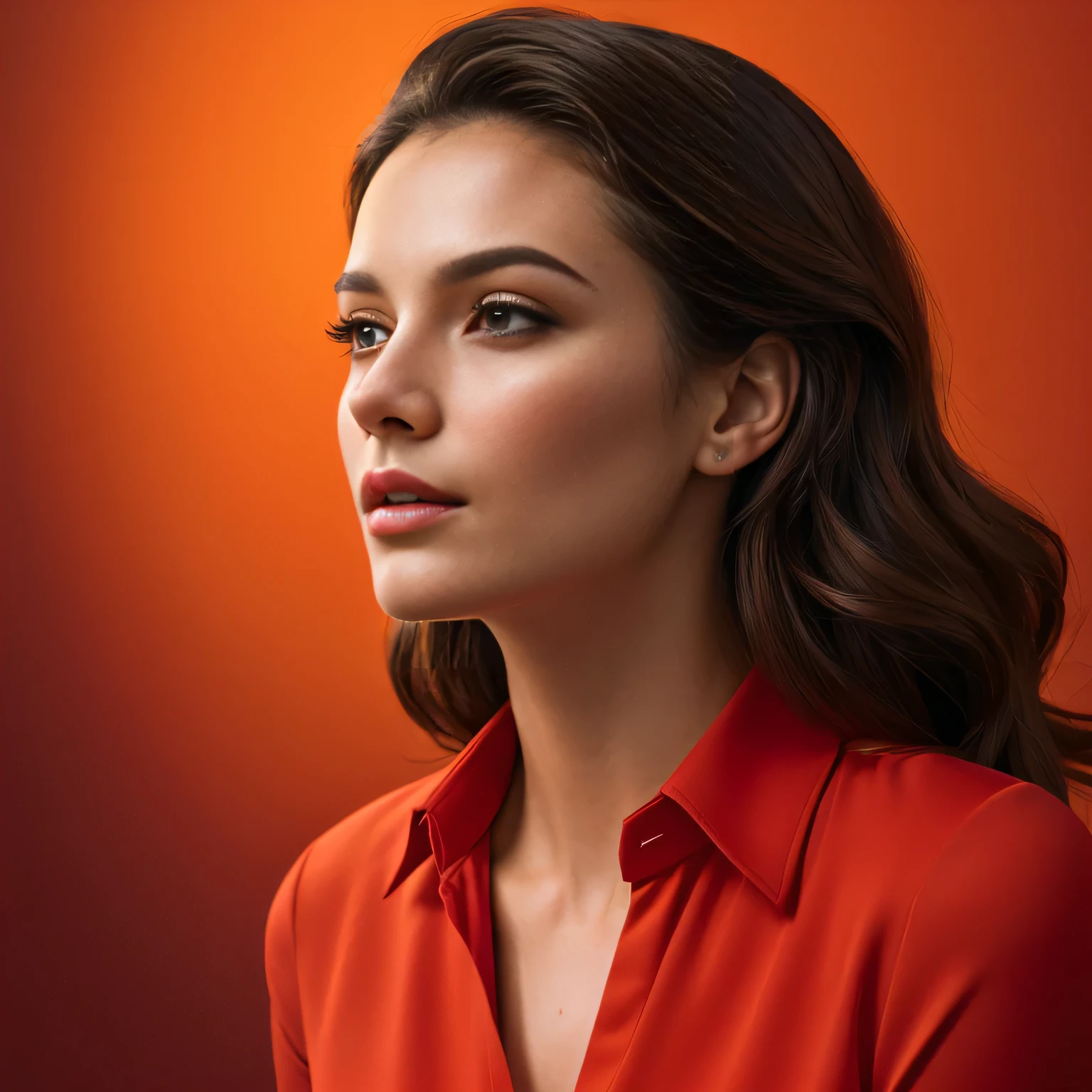 arafed woman in a red shirt looking off to the side, high quality portrait, realistic portrait photo, profile portrait, editorial portrait, color portrait, digital art of an elegant, detailed color portrait, beauty woman with detailed faces, portrait of a beautiful model, in front of an orange background, digital art portrait, realistic female portrait, digital illustration portrait, beauty retouch