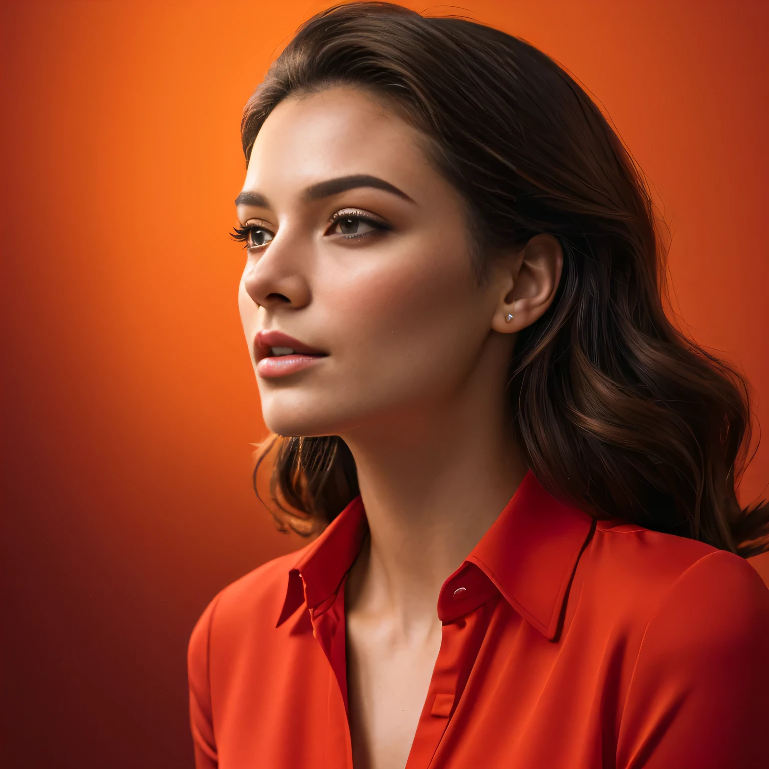 arafed woman in a red shirt looking off to the side, high quality portrait, realistic portrait photo, profile portrait, editorial portrait, color portrait, digital art of an elegant, detailed color portrait, beauty woman with detailed faces, portrait of a beautiful model, in front of an orange background, digital art portrait, realistic female portrait, digital illustration portrait, beauty retouch