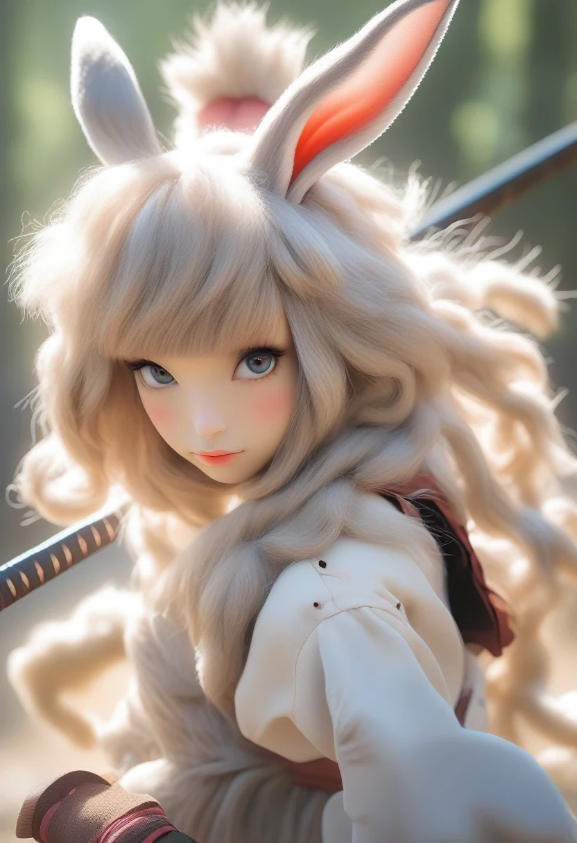 ((Masterpiece)), ((Best Quality)), (Very Detailed), ((Very Detailed)), 4K, (8K), very aesthetic, absurdres highres, 1 girl, (anthropomorphic Rabbit, furry, kemono:1.5), iaidow,weapon, katana, holding sword, ready to draw, sheathed, unsheathing, scabbard,