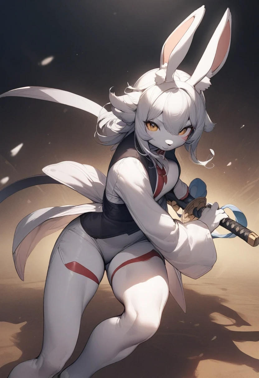 ((Masterpiece)), ((Best Quality)), (Very Detailed), ((Very Detailed)), 4K, (8K), very aesthetic, absurdres highres, 1 girl, (anthropomorphic Rabbit, furry, kemono:1.5), iaidow,weapon, katana, holding sword, ready to draw, sheathed, unsheathing, scabbard,