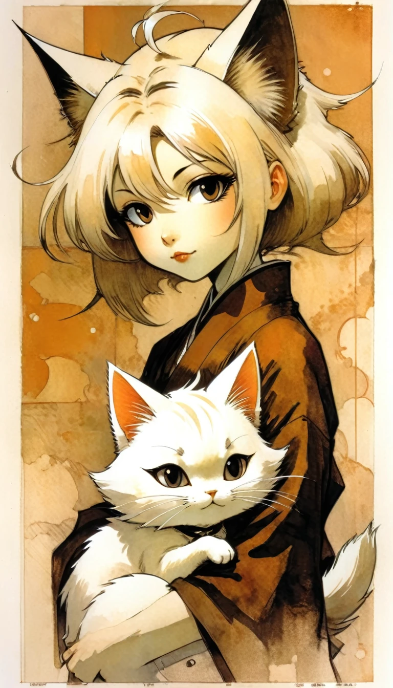 Taisho-era style. Sepia-toned. Japanese anime style. A white cat with a Bunkin Takashimada hairstyle.(art inspired by Bill Sienkiewicz).