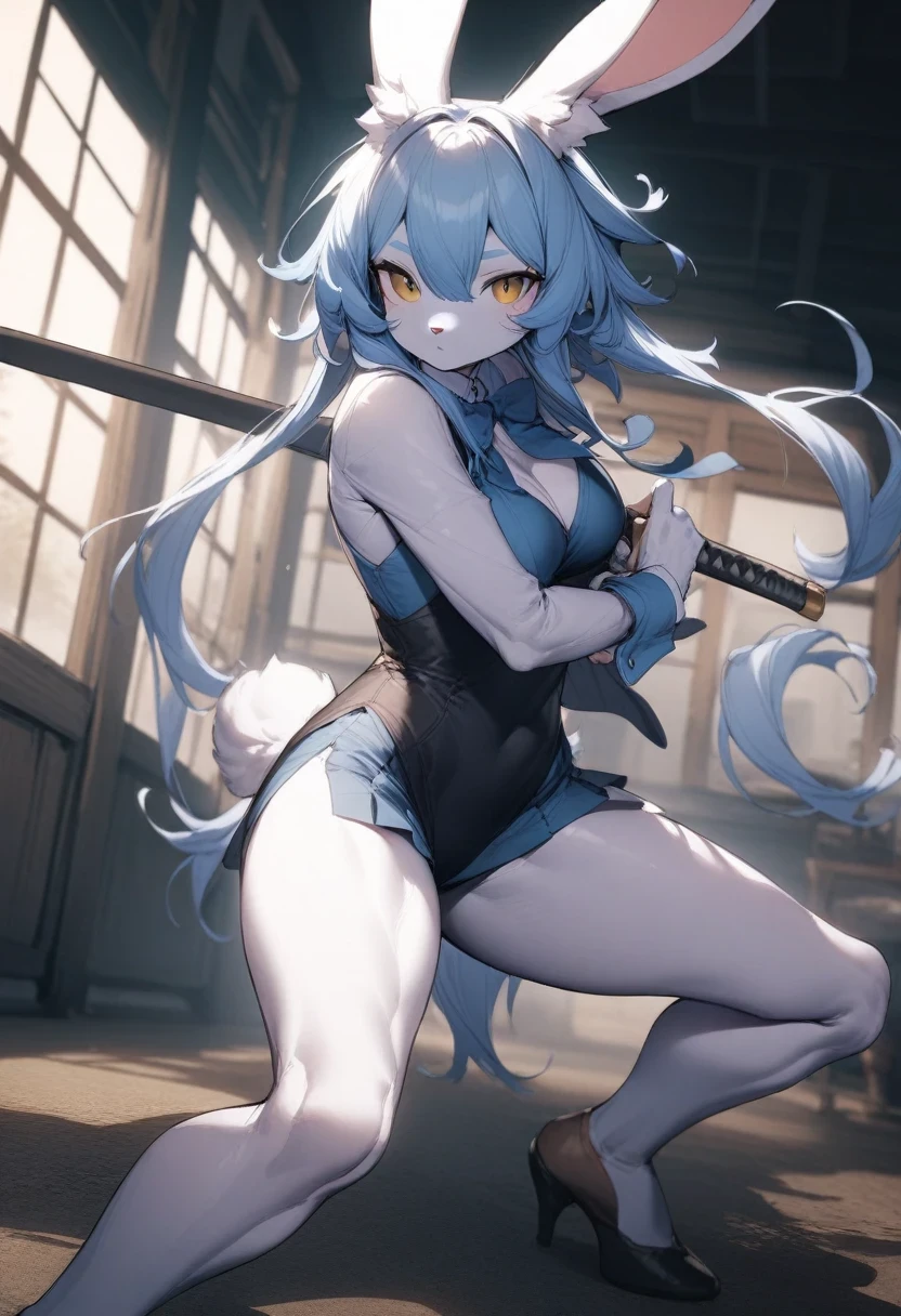 ((Masterpiece)), ((Best Quality)), (Very Detailed), ((Very Detailed)), 4K, (8K), very aesthetic, absurdres highres, 1 girl, (anthropomorphic Rabbit, furry, kemono:1.5), iaidow,weapon, katana, holding sword, ready to draw, sheathed, unsheathing, scabbard,