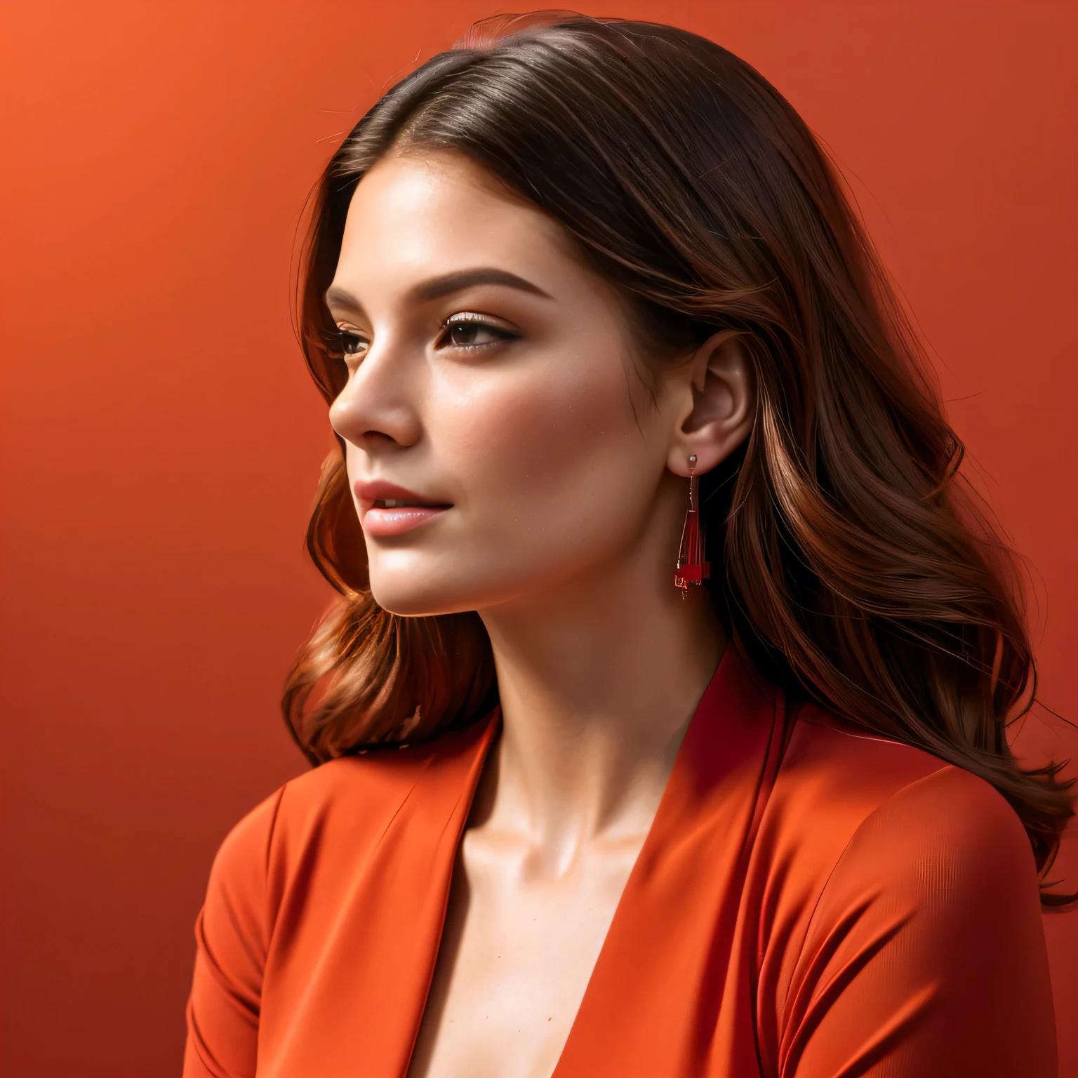 arafed woman in a red shirt looking off to the side, high quality portrait, realistic portrait photo, profile portrait, editorial portrait, color portrait, digital art of an elegant, detailed color portrait, beauty woman with detailed faces, portrait of a beautiful model, in front of an orange background, digital art portrait, realistic female portrait, digital illustration portrait, beauty retouch