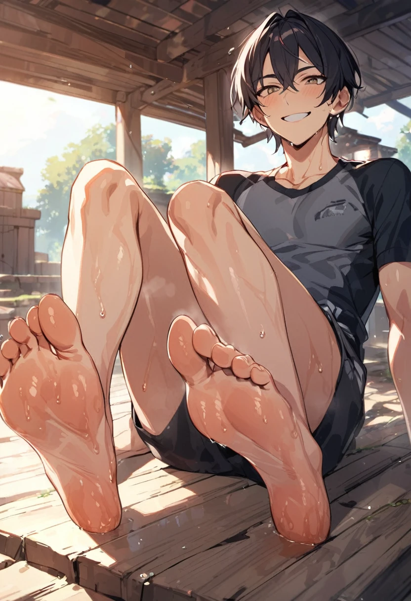 Young men showing sweaty feet
Smiling