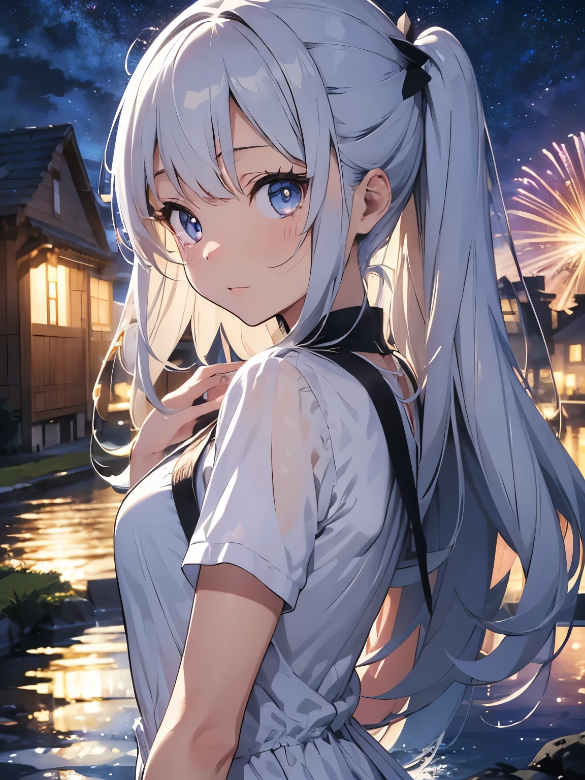 kawaii, anime, Cute, hyper quality, highly detailed, 8k, Clarity, Draw facial expressions in detail, long silver hair woman, mysterious, Beautifully depict the eyes, highlight on eyes, shed tears, clarify shadows, Feathers dance, full of light, Rainbow colored light in your eyes, Make the background stand out, draw the whole body, light pours from heaven, make light and darkness clear, european style, countryside townscape, Clarify the contrast between light and shadow, Make the contrast of color saturation clear, starry sky, strengthen contrast, turn to the side, Improve the depiction of eyes, pull point, Draw water droplets realistically, fireworks on the background, Soap bubble, iris, Uplifting, eye color is blue, Draw the whole body using perspective,