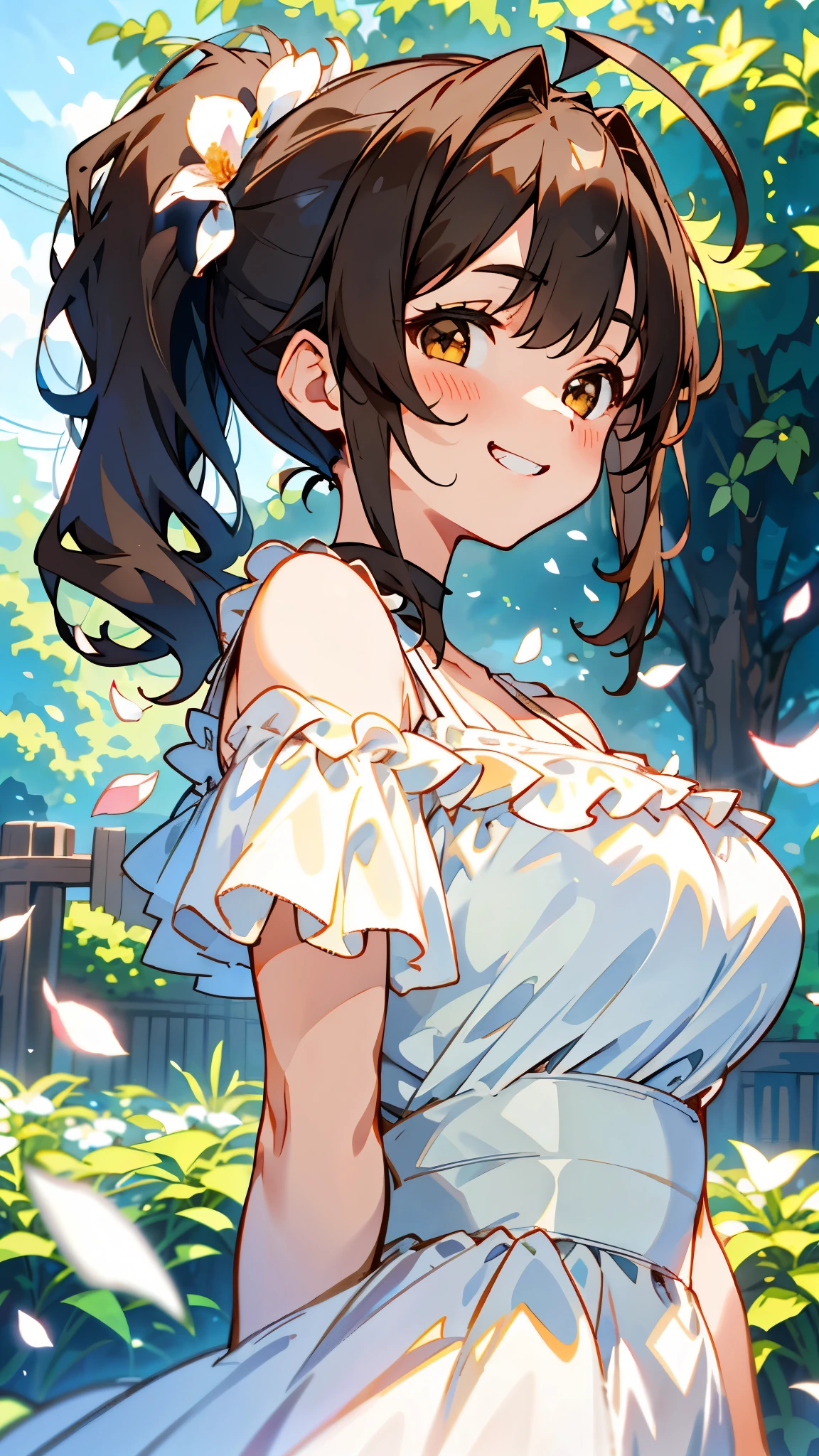 １girl、Big eyes、Dark brown eyes、Light brown hair、Side Ponytail、Big Breasts、Ahoge、Plain white off-the-shoulder dress、Short sleeve、Frills、Upper body close-up、The background is a garden with flower petals falling.、Grin、From the side、Picturesque、Sharp contours