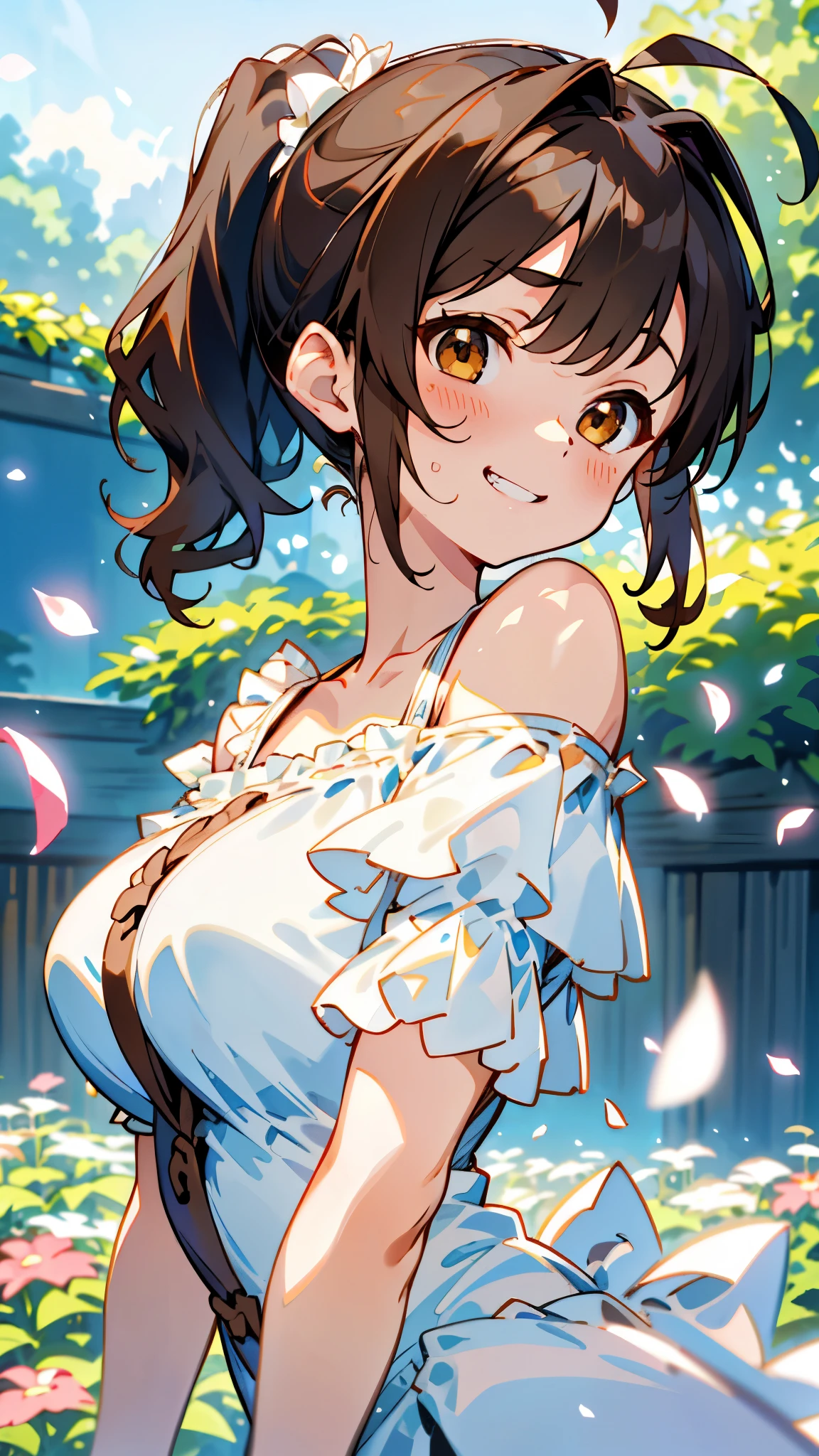 1girl、Big eyes、Dark brown eyes、Light brown hair、Side Ponytail、Big Breasts、Ahoge、Plain white off-the-shoulder dress、Short sleeve、Frills、Upper body close-up、The background is a garden with flower petals falling.、Grin、From the side、Picturesque、Sharp contours