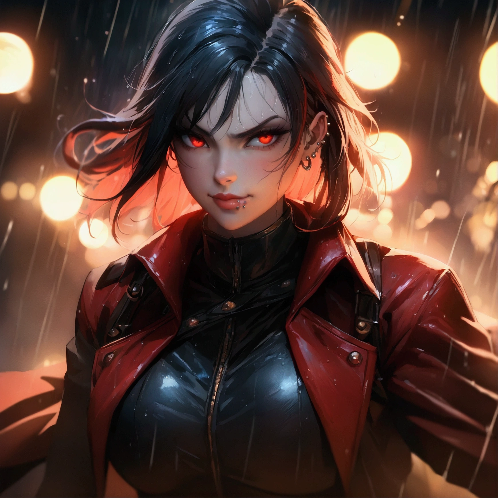 (anime women), devil may cry inspired women, (neon red viper eyes) standing in a rain soaked, cinematic lighting (best quality:1.2)detailed, lights, vivid colors,bokeh, angry looking face with smirk on mouth, piercing, ((piercing)), gaze, 4k, particles in the air, powers, amazing art work full of details, dynamic movement, (lips)