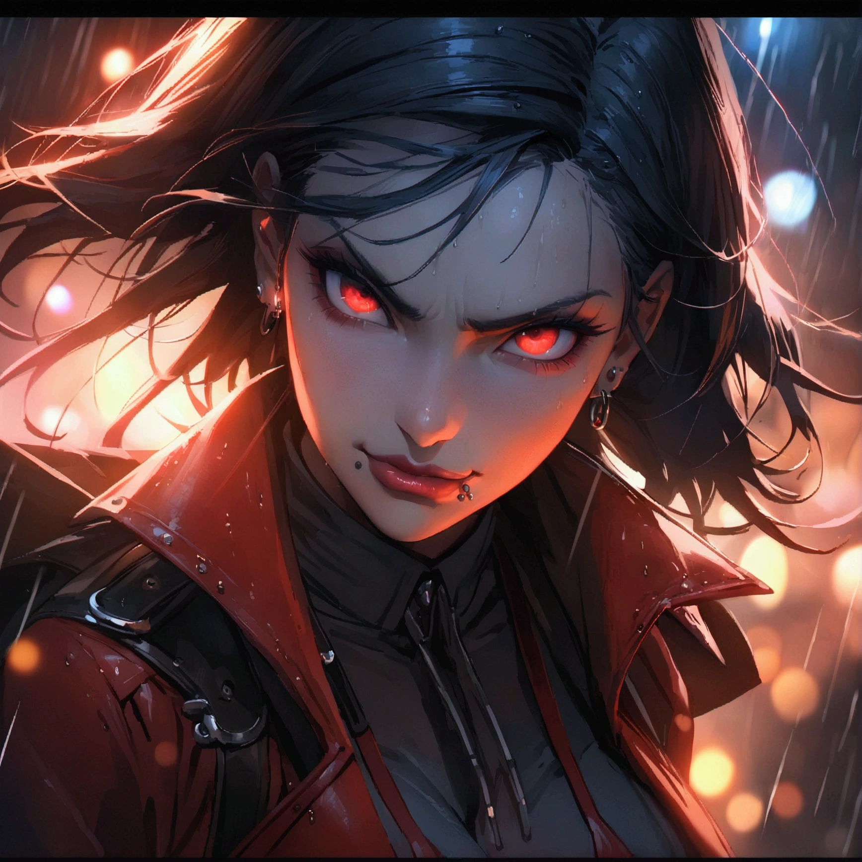 (anime women), devil may cry inspired women, (neon red viper eyes) standing in a rain soaked, cinematic lighting (best quality:1.2)detailed, lights, vivid colors,bokeh, angry looking face with smirk on mouth, piercing, ((piercing)), gaze, 4k, particles in the air, powers, amazing art work full of details, dynamic movement, (lips)
