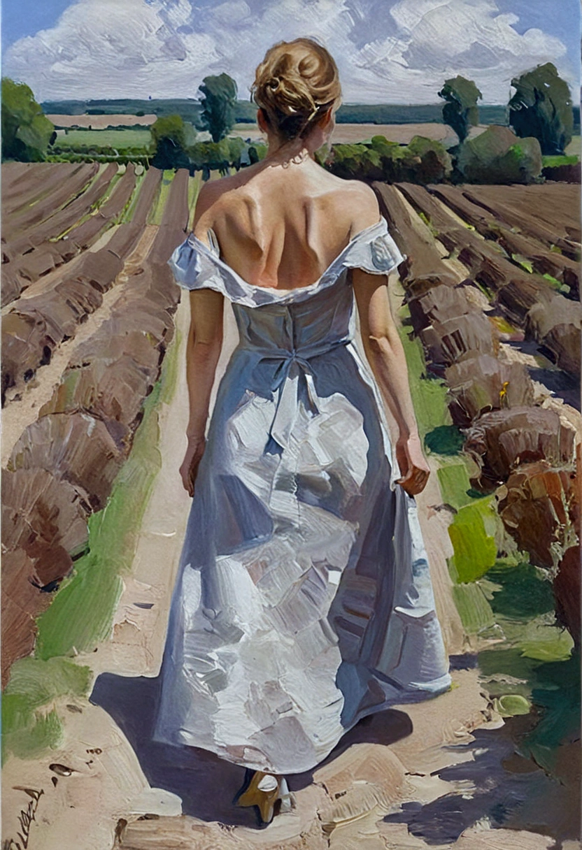 A oil painting, A woman walking towards the viewer in a vinjard, her dress slipped and the breast are uncoverd