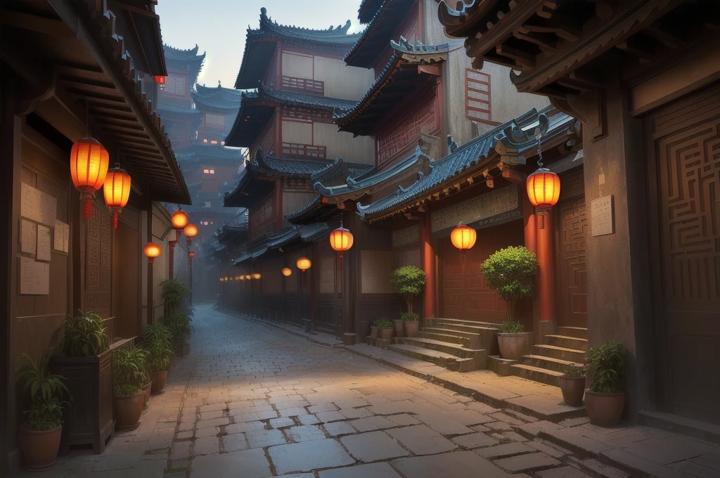 there is a narrow street，There are many buildings and plants, Dream China Town, china village, andreas rocha style, Cyberpunk ancient Chinese castle, Beautiful rendering of the Tang Dynasty, ancient city landscape, The ancient city streets behind her, author：Victor Wang, old asian village, Inspired by Zhang Sengyao, Pan Chengwei on artstation, In an ancient city , ((low angle shot 1.7)) ((Camera lens close to the ground to shoot 1.8))