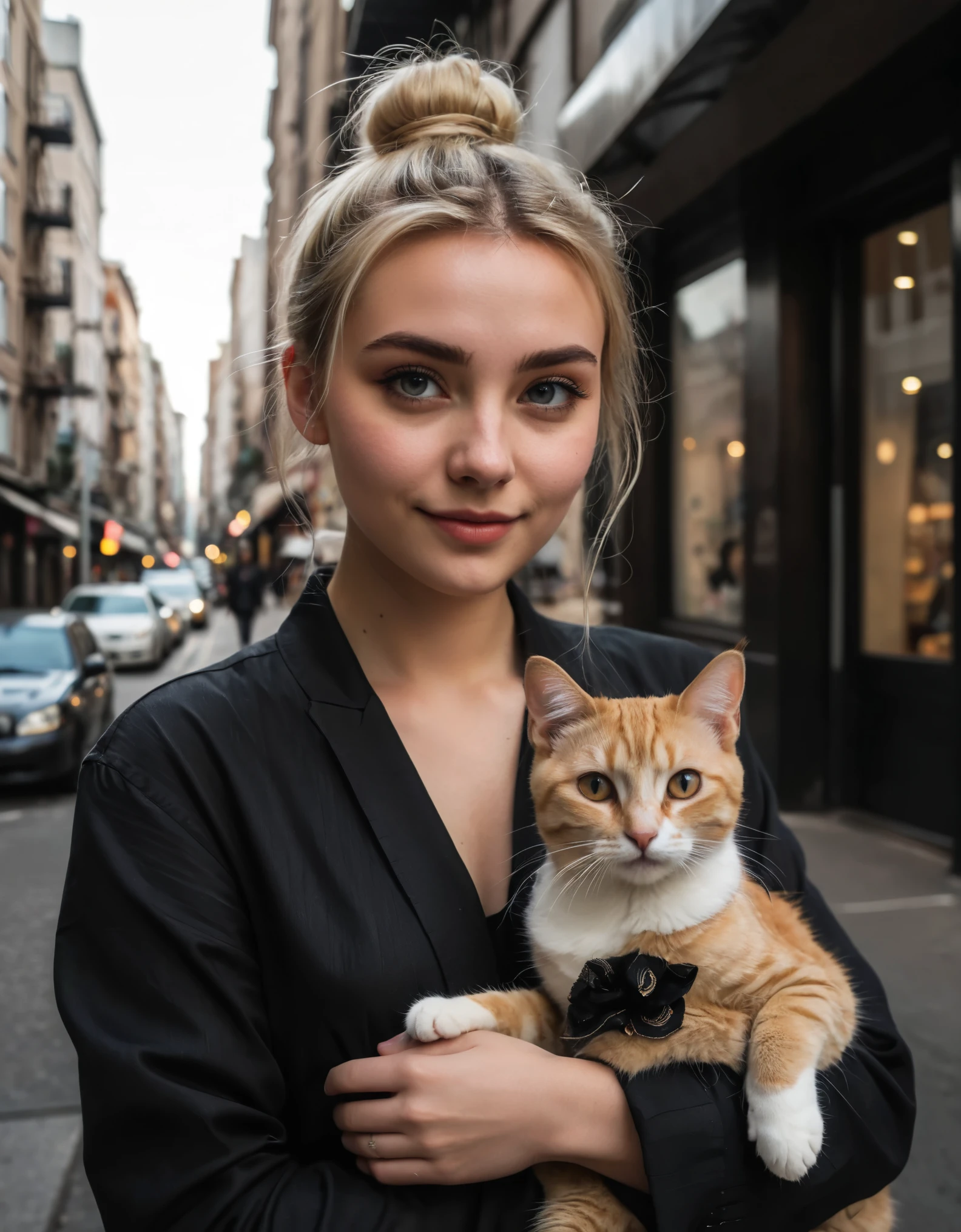 an eye contact of a blonde with a bun and dark theme , in the city playing with a cute and sweet cat 