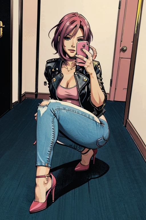 vector image, 2d cartoon,masterpiece, An anime woman,colored hair, strong blush, provocative makeup, tight jeans, horny pose, heels, down on her knees:1.3, leather jacket, t-shirt, taking selfie:1.3