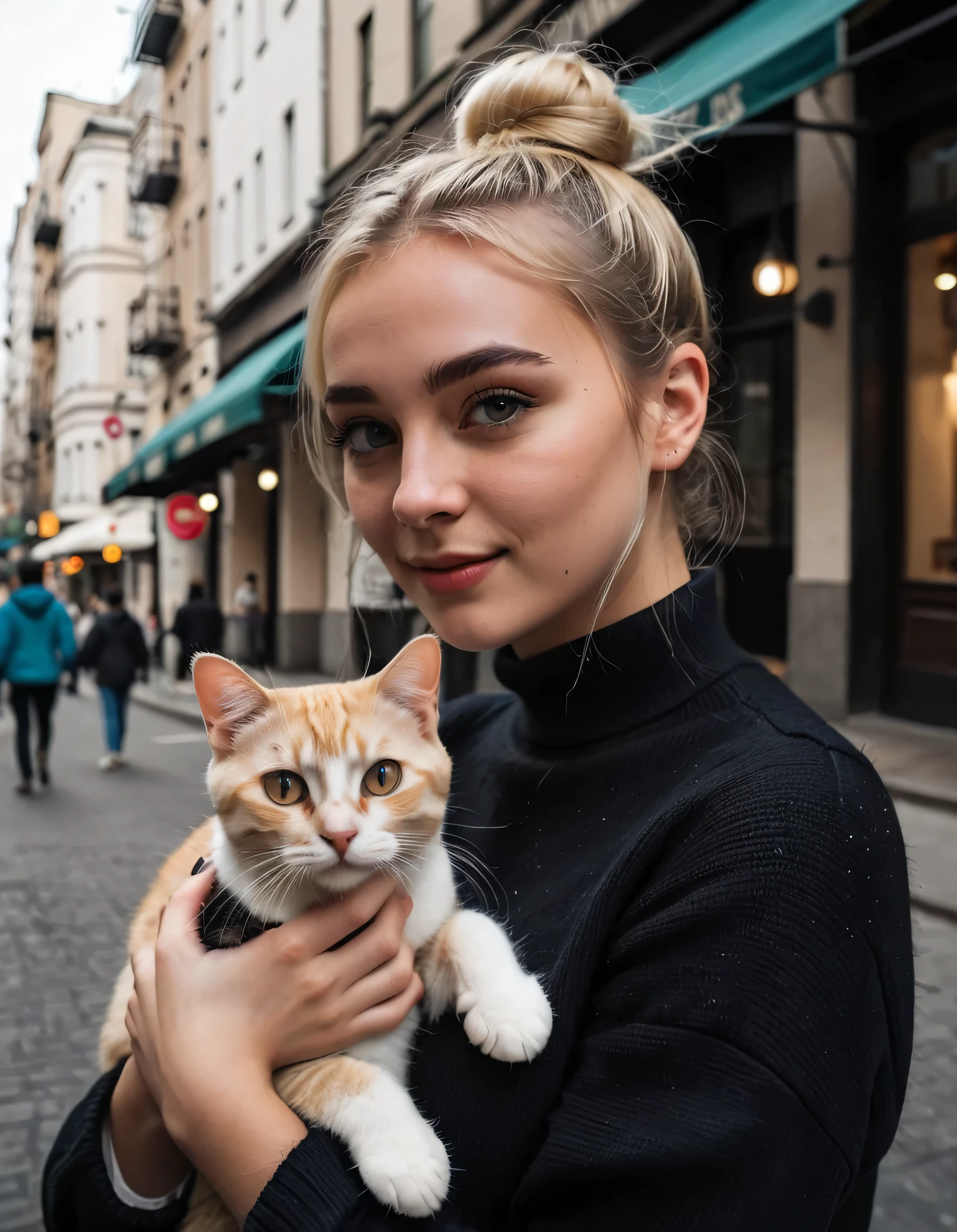 an eye contact of a blonde with a bun and dark theme , in the city playing with a cute and sweet cat 