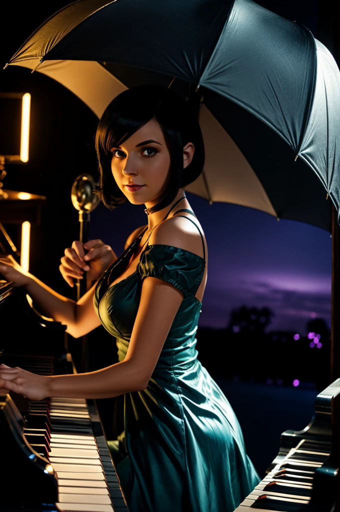 Marie from skullgirls playing a piano in the dark next to umbrella
