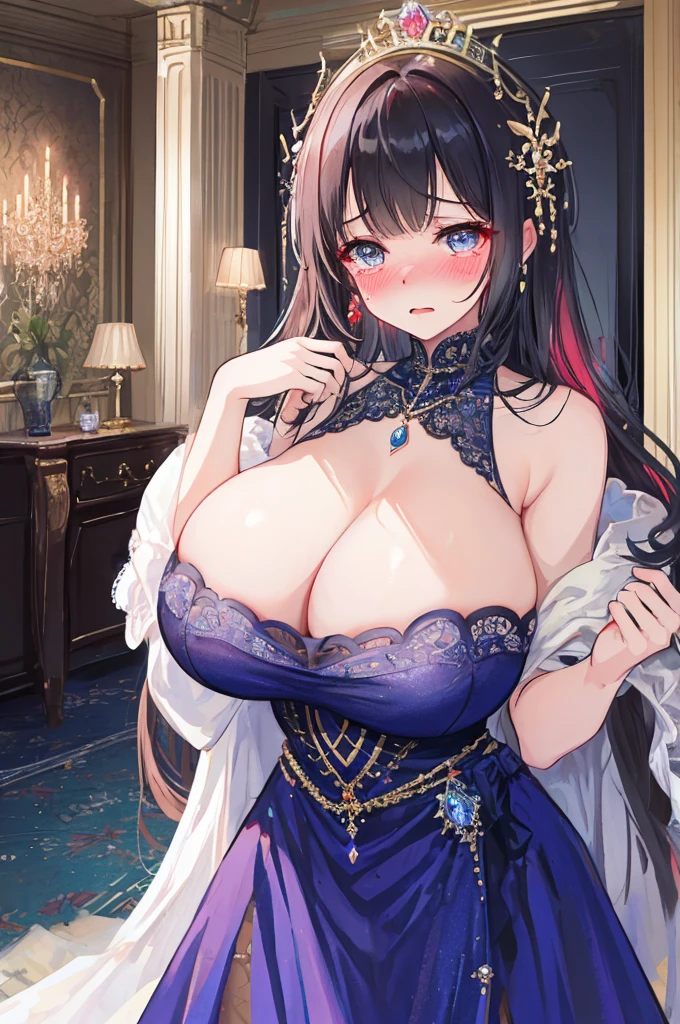(Many big girls equal to two),Gorgeous young princess,Forbidden,clavicle,Prominent and smooth underbreast area,Breath-out,Show the chest,(evening dress),Gemstones,Intricate details,Beautifully,Lace,Charm,Detailed modern living room background,endure,tears(blush),